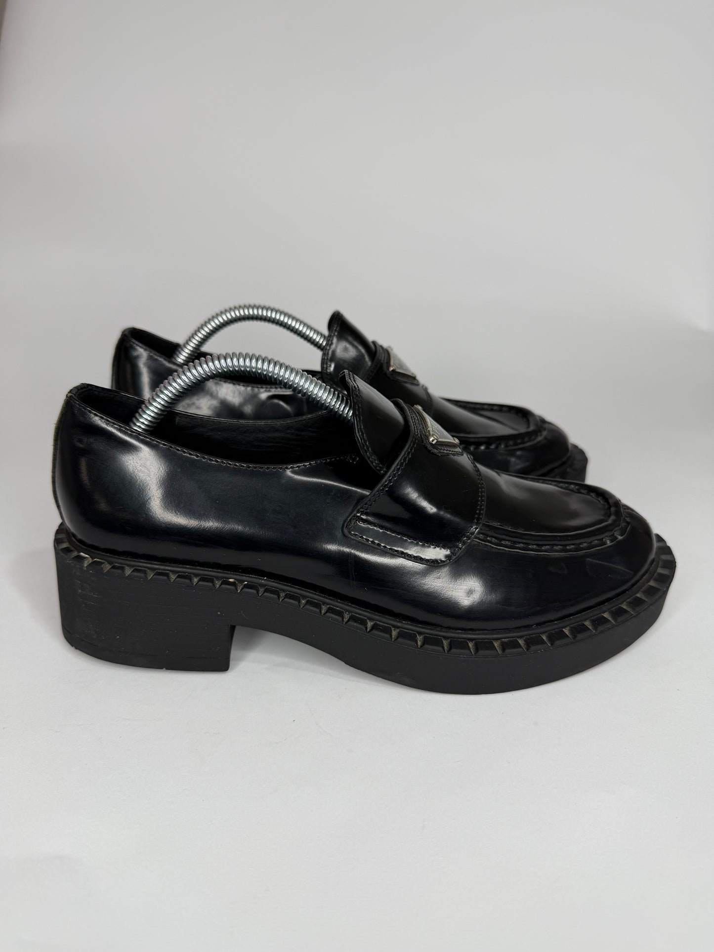 PRADA Vernice Metal Triangle Logo 50mm Loafers Size 37 EU/7 US/ 4 UK