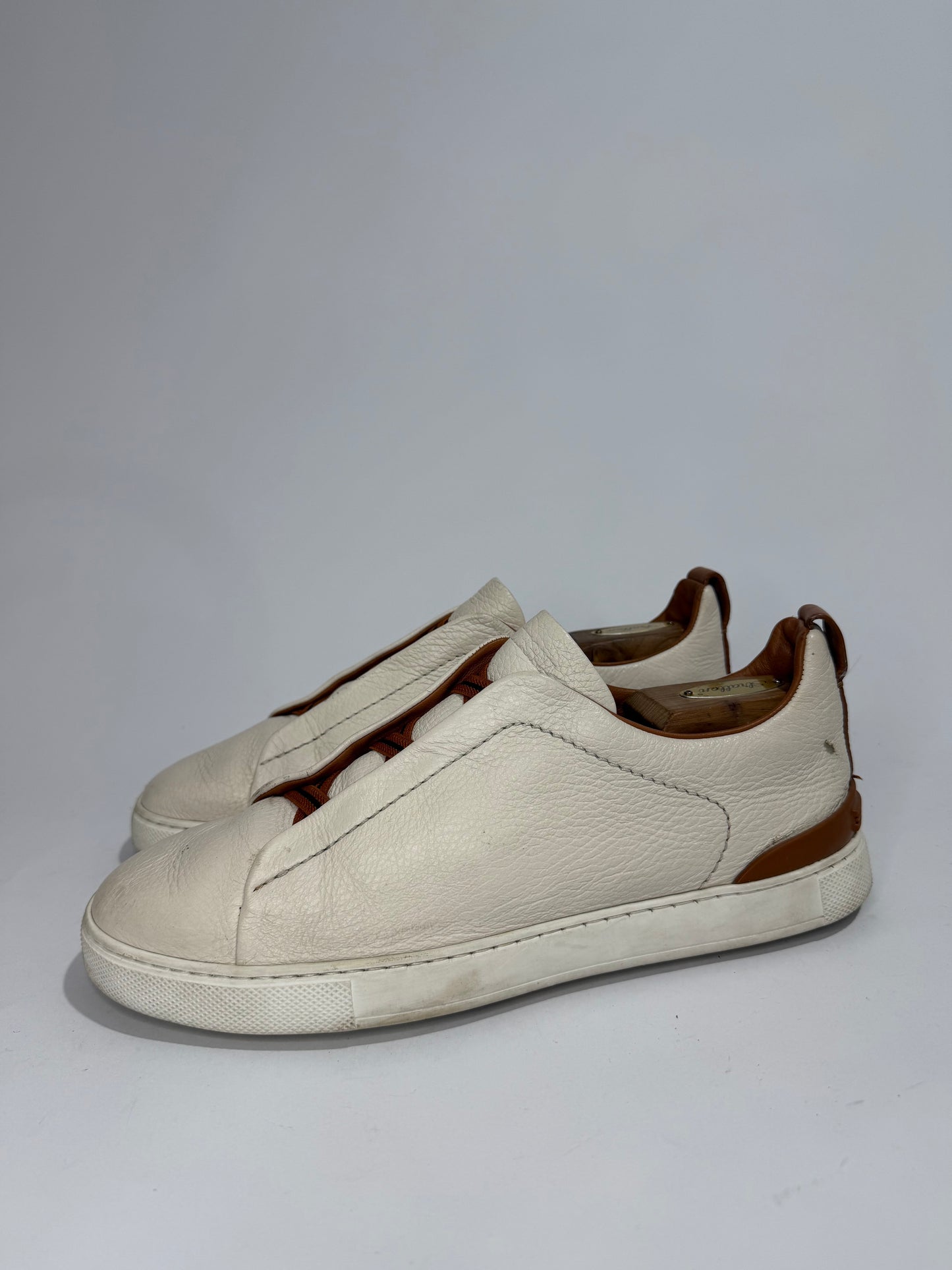 Ermenegildo Zegna Cream Leather triple stitch Slip On Sneakers Size 8.5 UK/ 9.5US