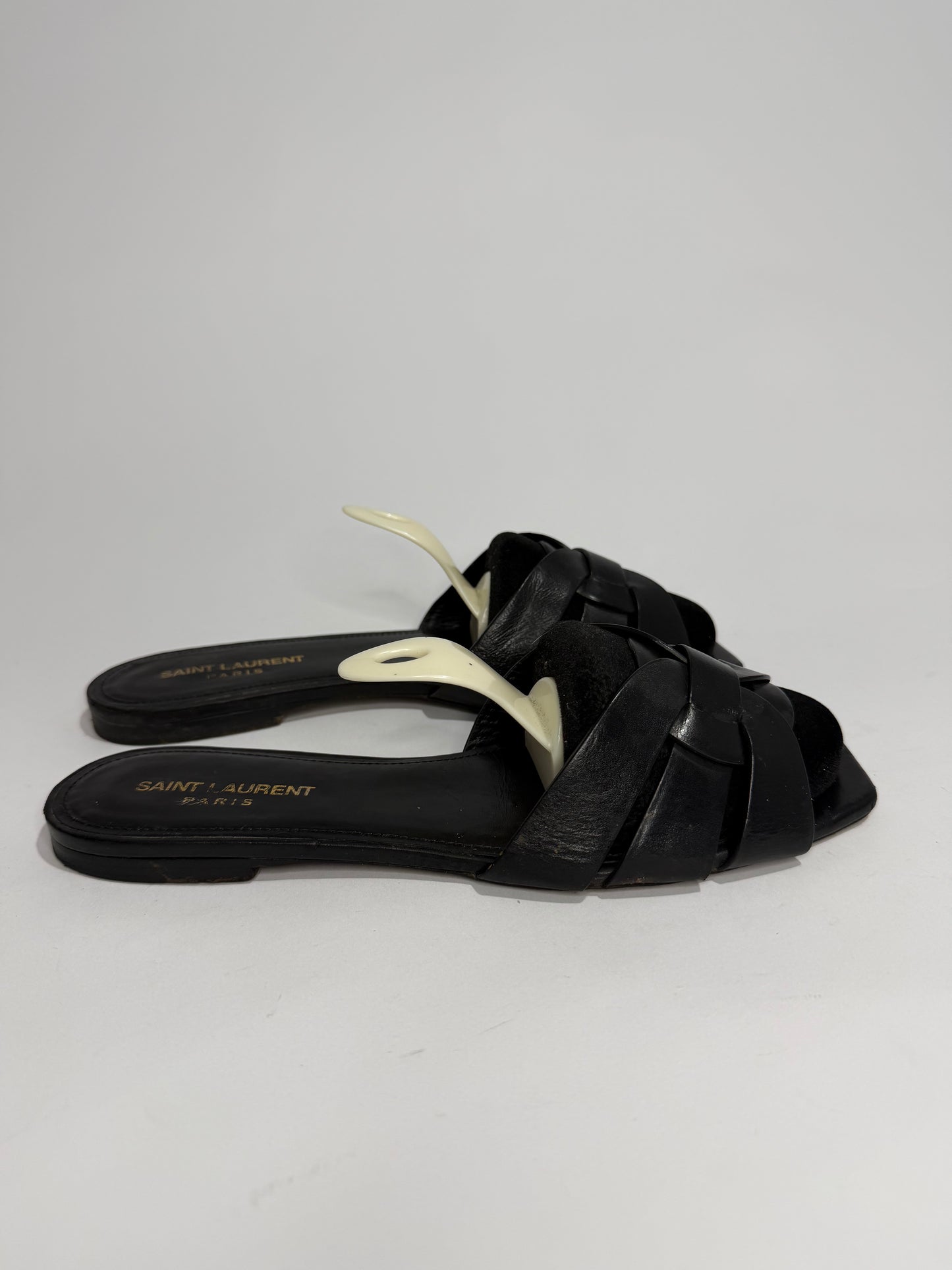 Saint Laurent Paris Black Patent Leather Tribute Flat Sandals Size