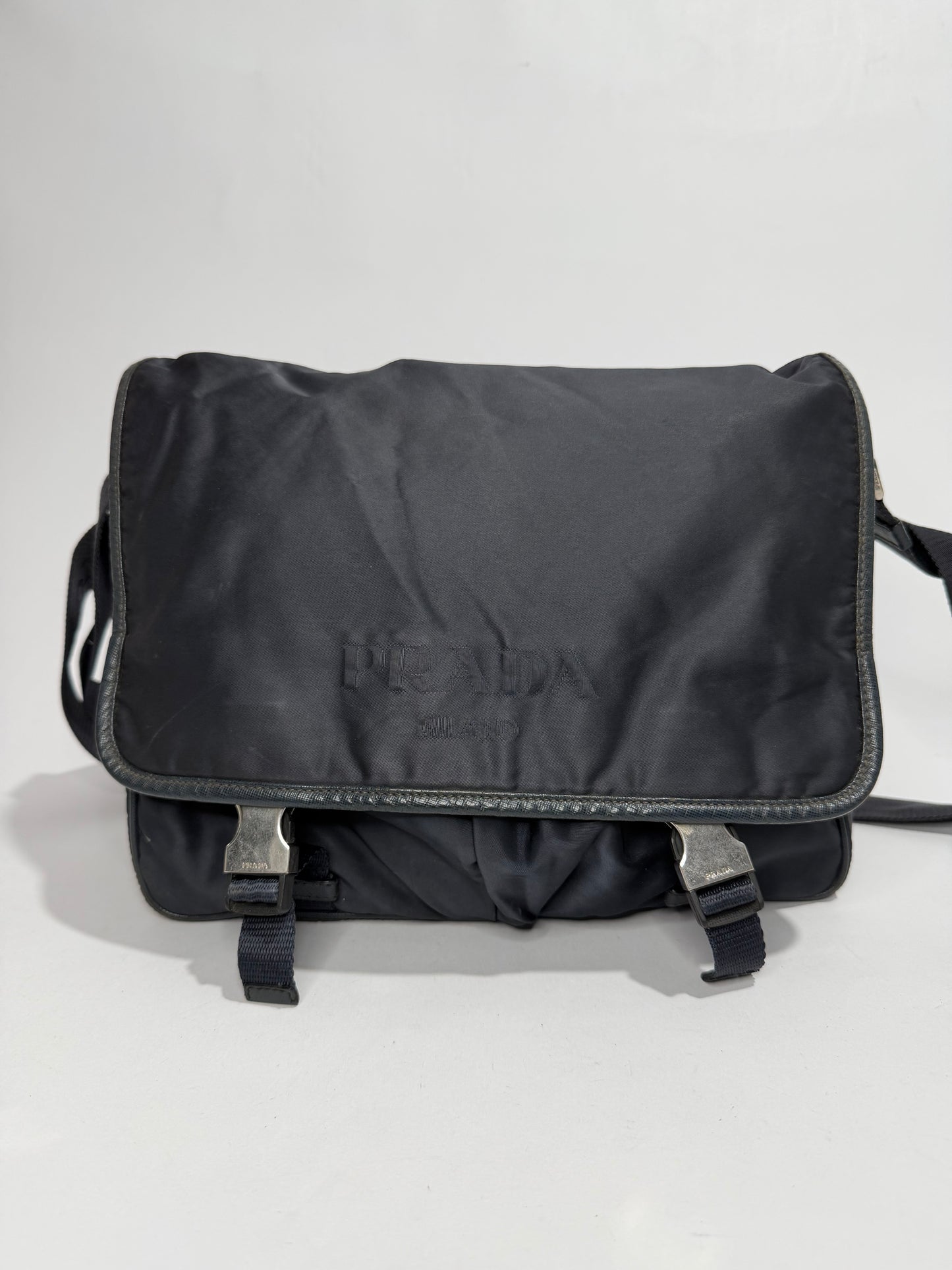 Prada Navy Nylon Flap Messenger Bag
