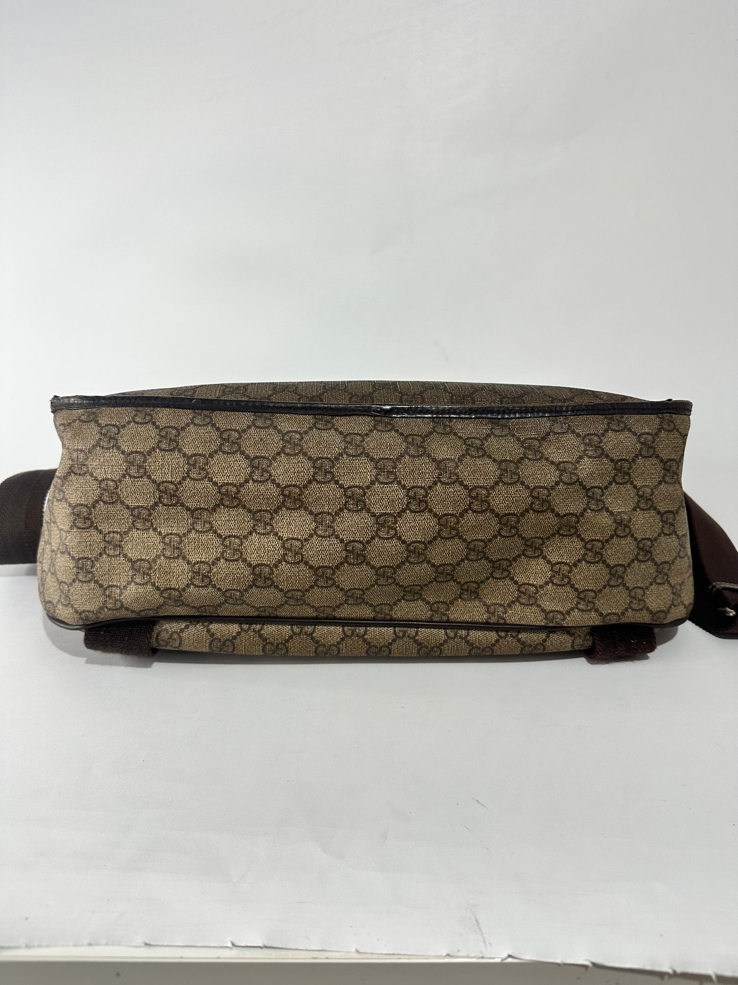 GUCCI  GG Plus Monogram Large Double Buckle Flap Messenger Bag Beige Brown