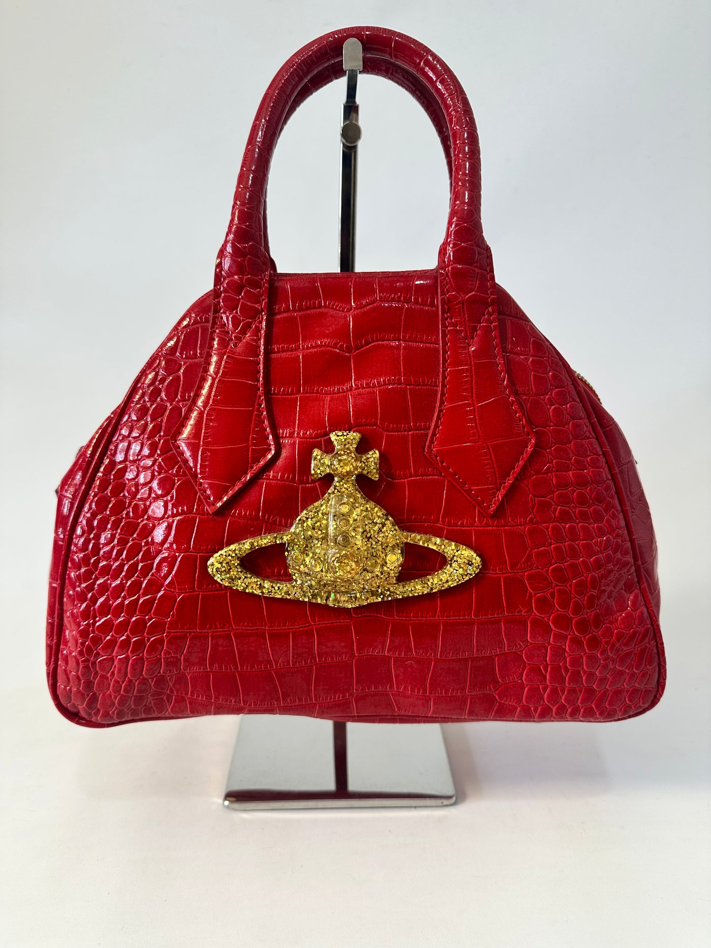 Vivienne Westwood Red Croc-Embossed Bowler Bag w/ Oversized Gold Glitter Orb Logo