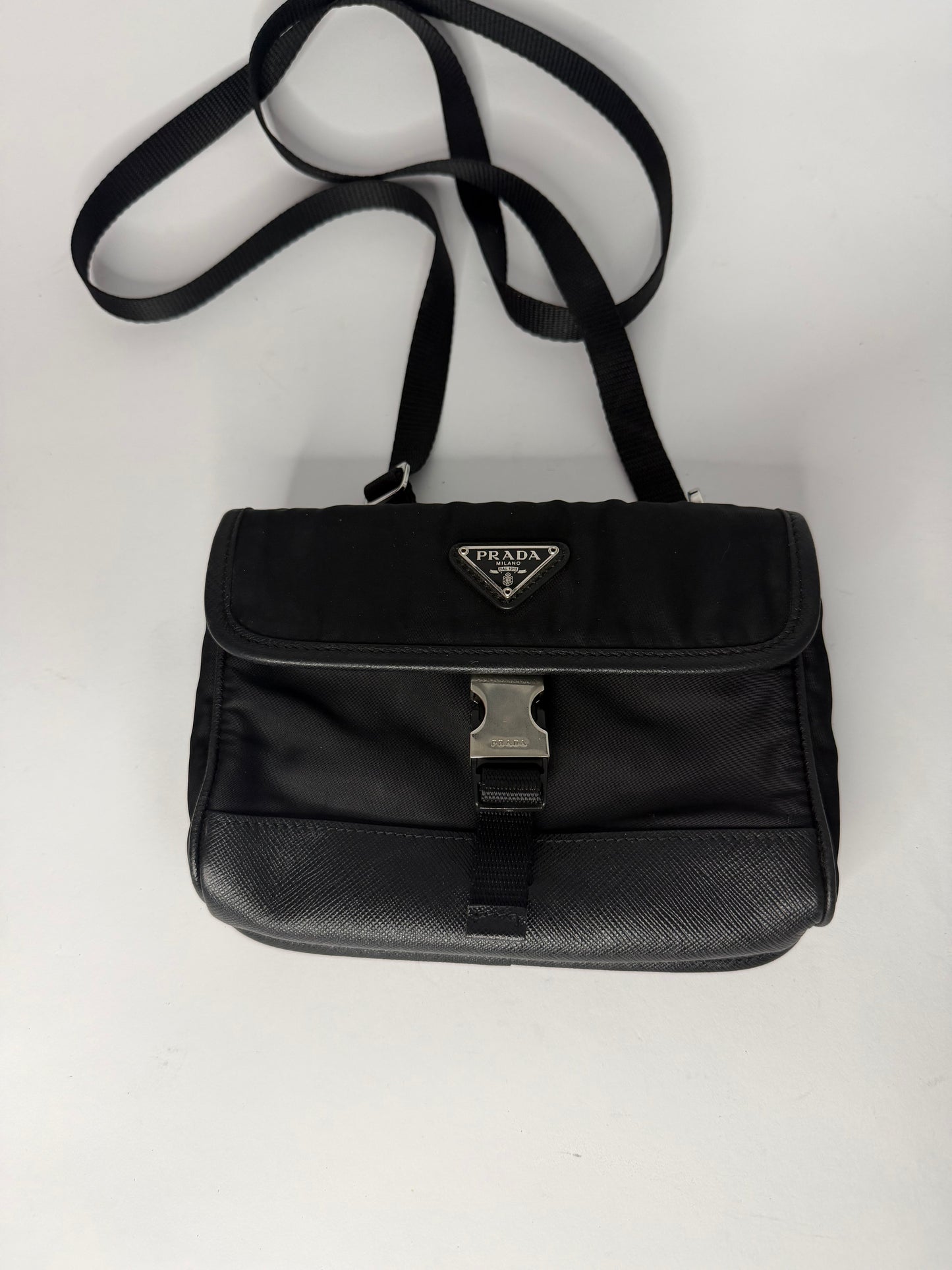 Prada Black Re-Nylon and Leather Flap Crossbody Bag