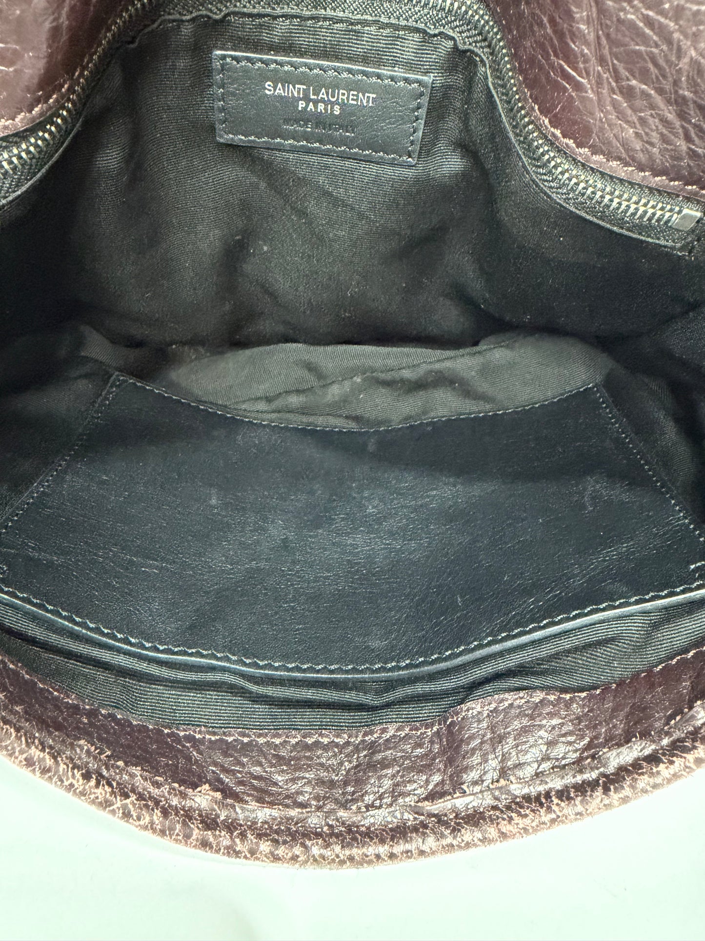 SAINT LAURENT
Crinkled Calfskin Matelasse Monogram Medium Niki Chain Satchel Brown