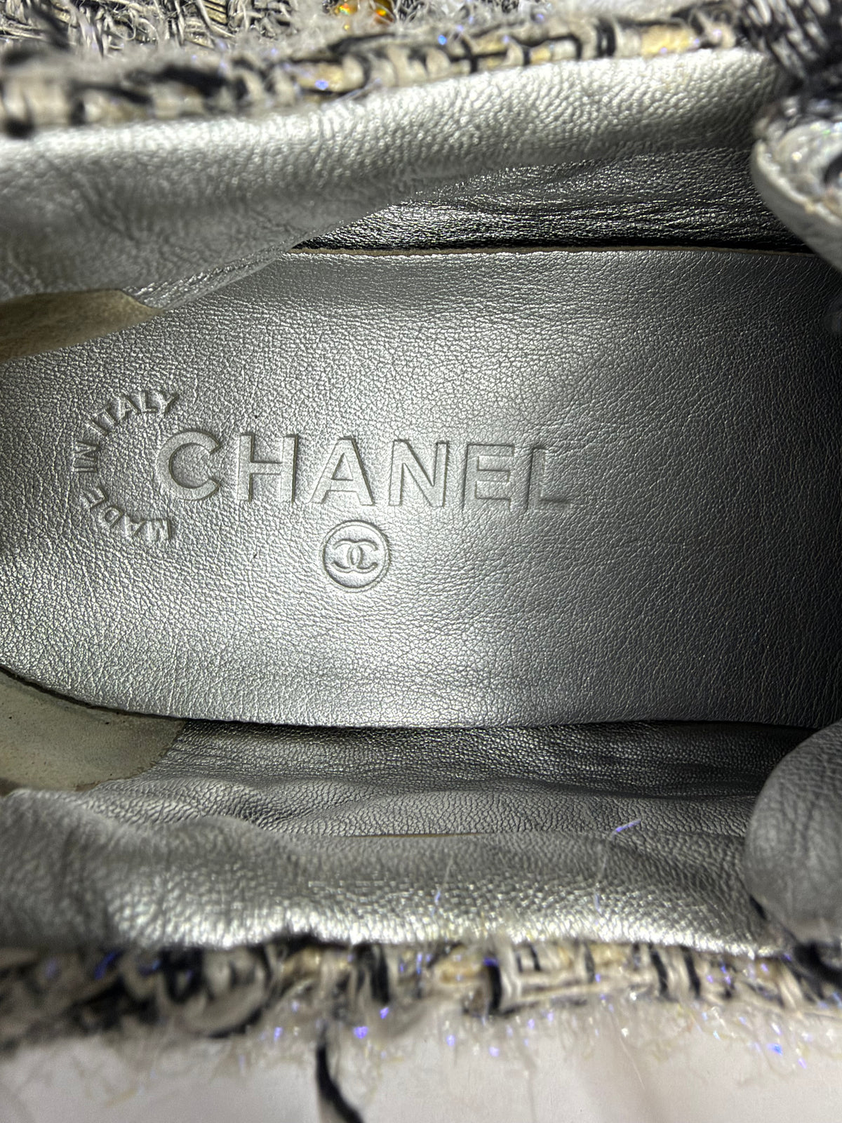 Chanel Monochrome Tweed and Metallic Leather Sneakers Size 39 EU/ 9 US / 6 UK