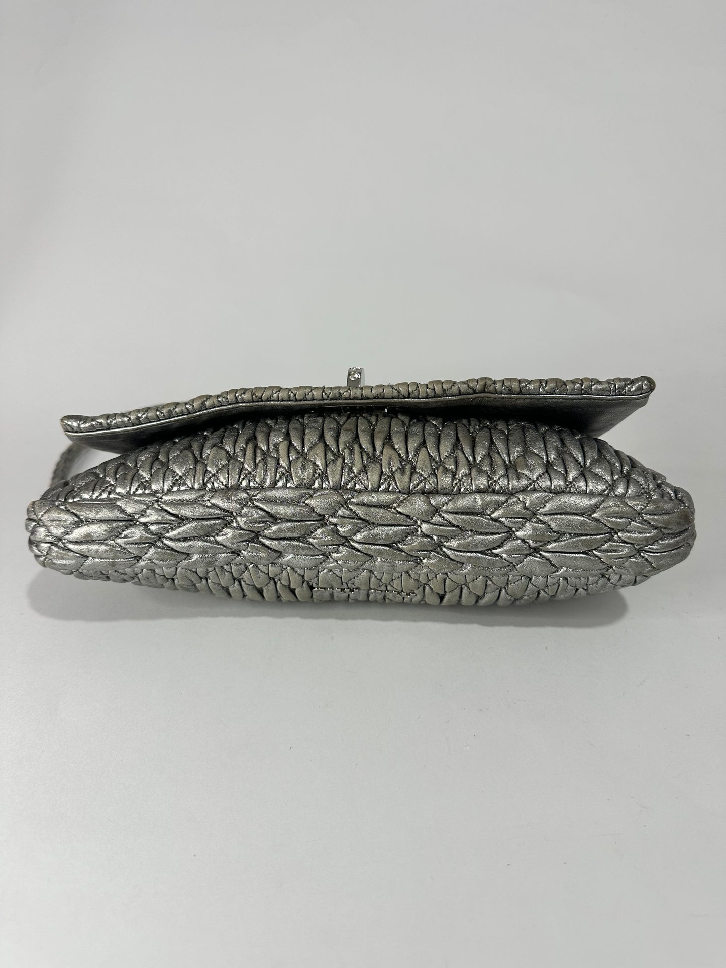 Miu Miu Silver Matelasse Leather Crystal Flap Shoulder Bag