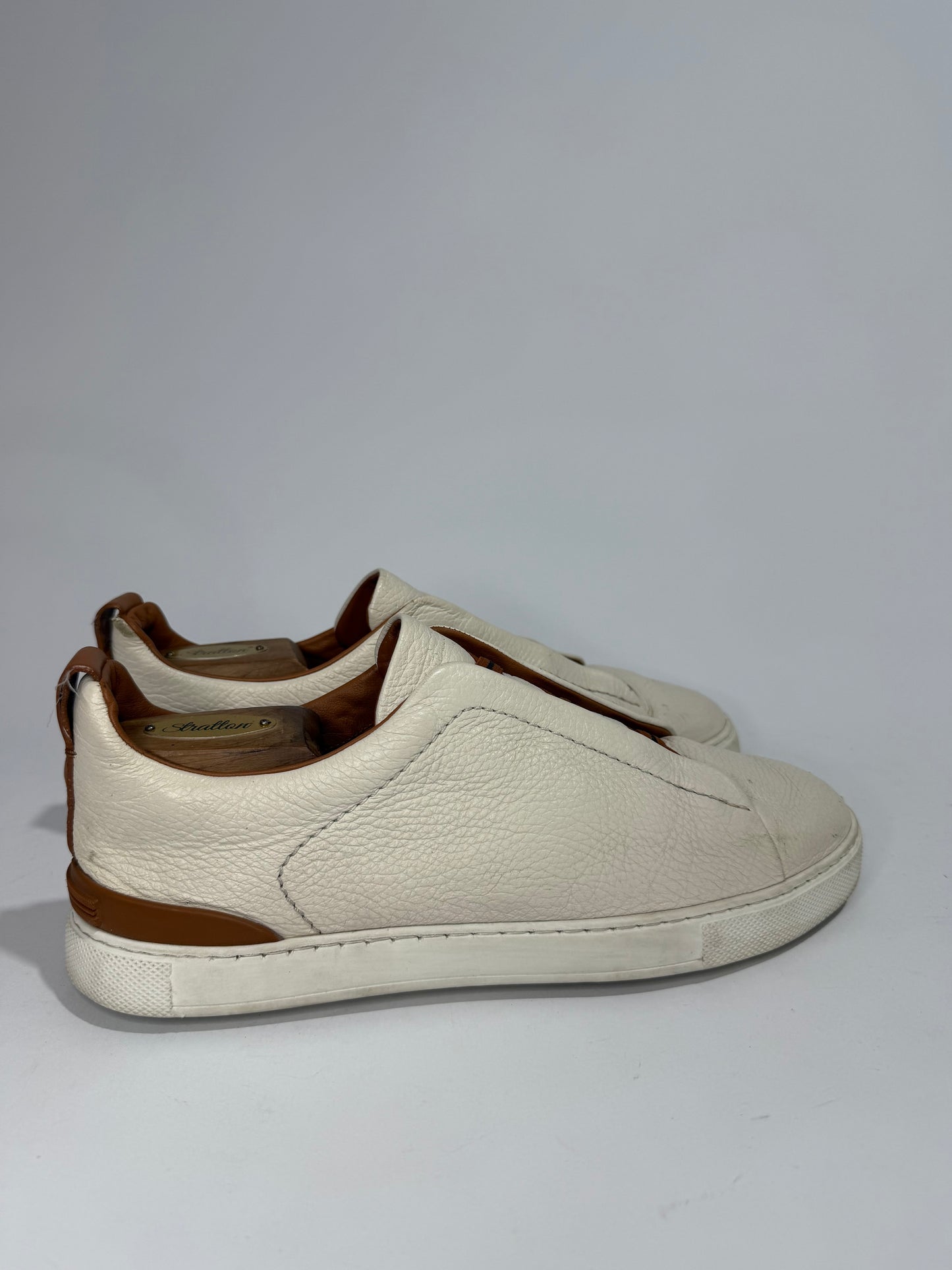 Ermenegildo Zegna Cream Leather triple stitch Slip On Sneakers Size 8.5 UK/ 9.5US