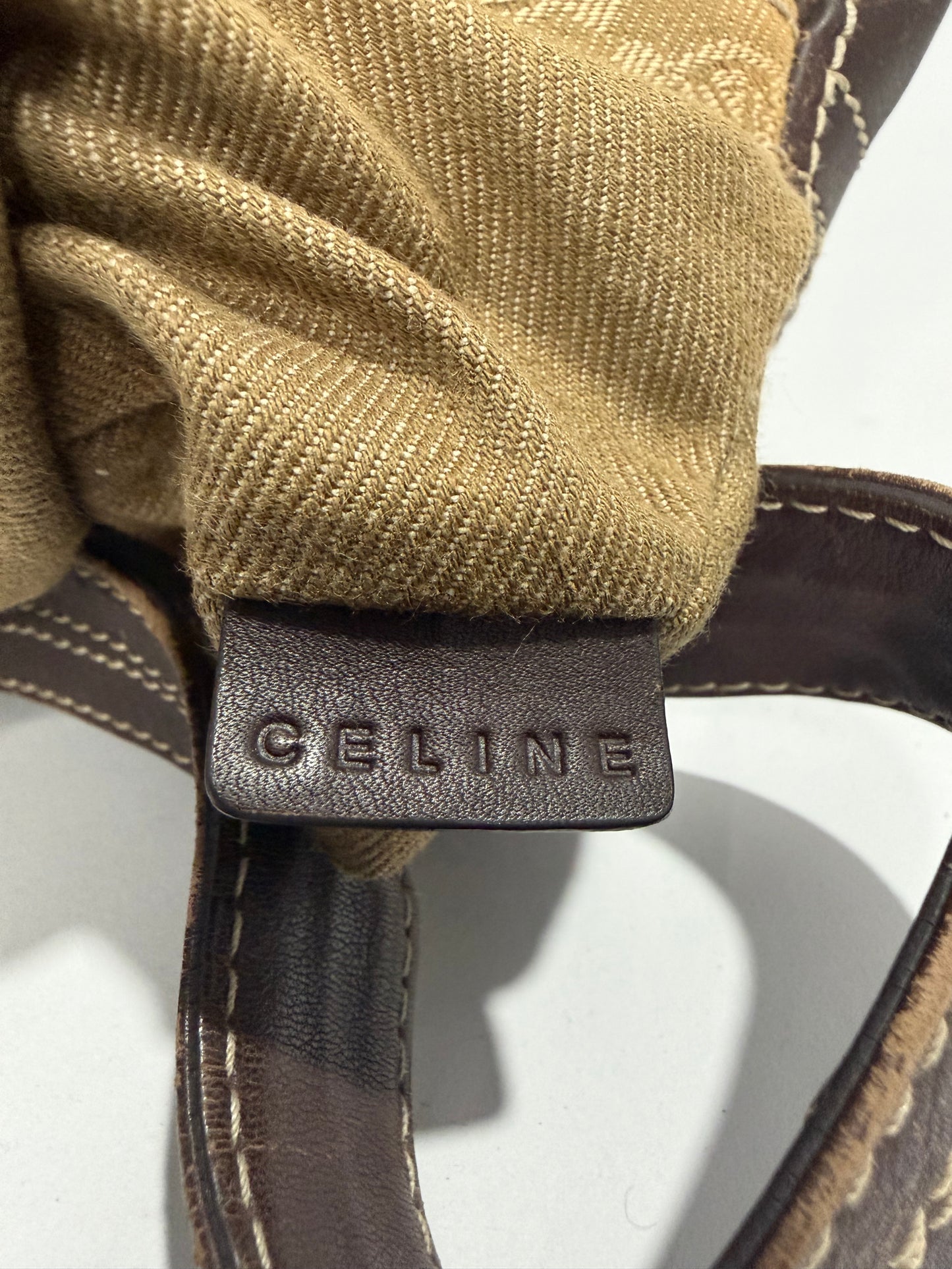 Celine Beige Macadam Canvas and Leather Shoulder Bag