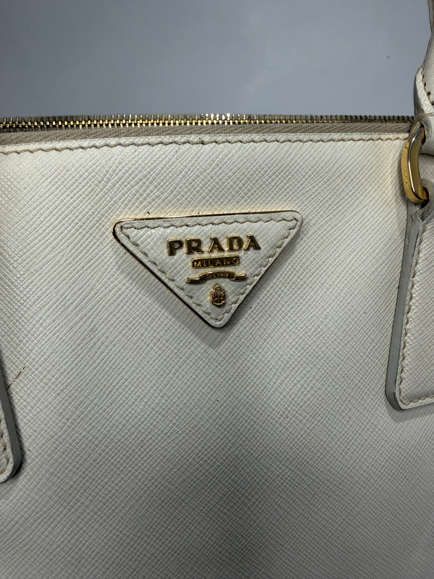 PRADA Grey Saffiano Lux Leather Large Double Zip Tote