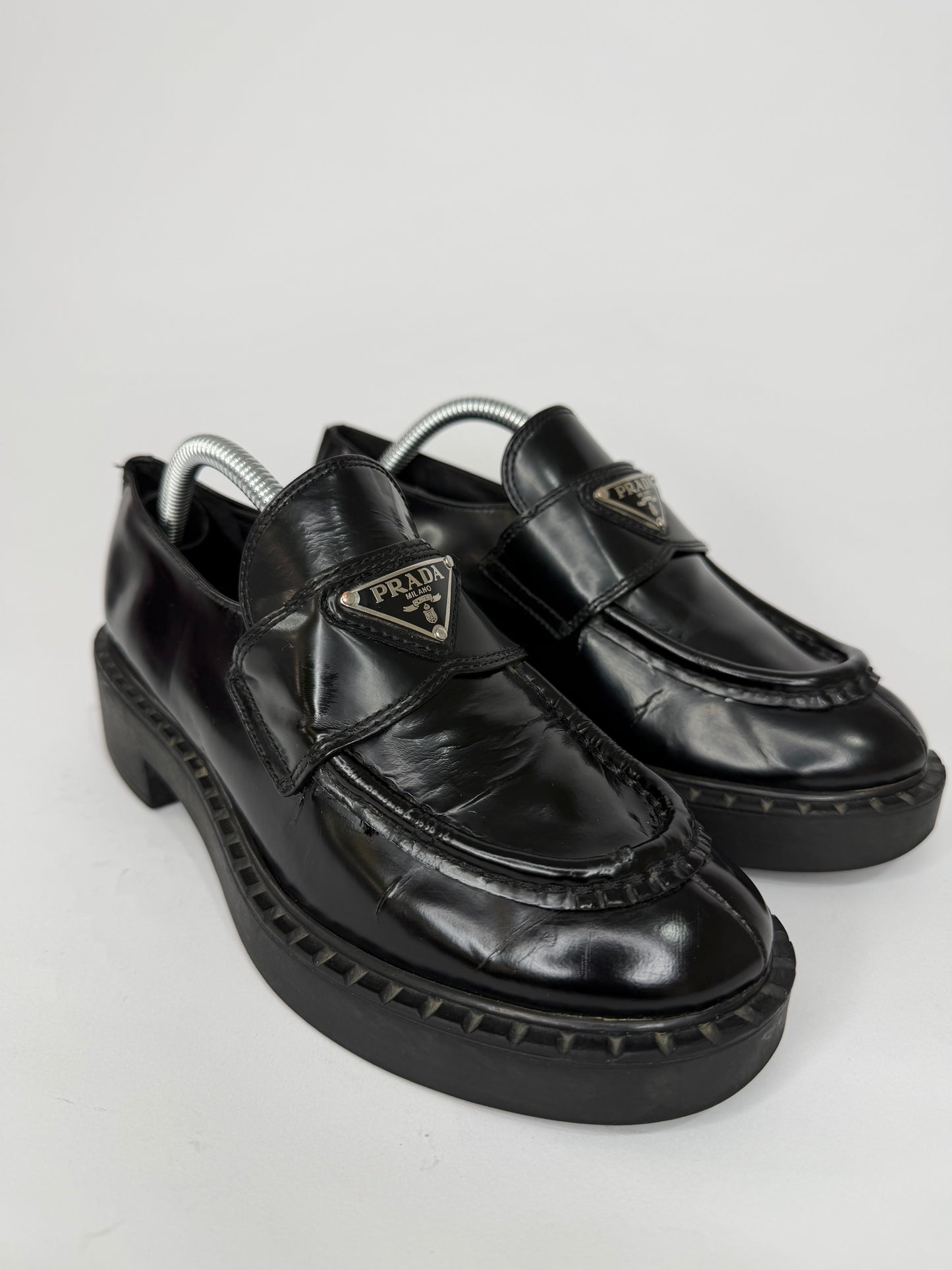 PRADA Vernice Metal Triangle Logo 50mm Loafers Size 35 EU/5 US/ 2UK