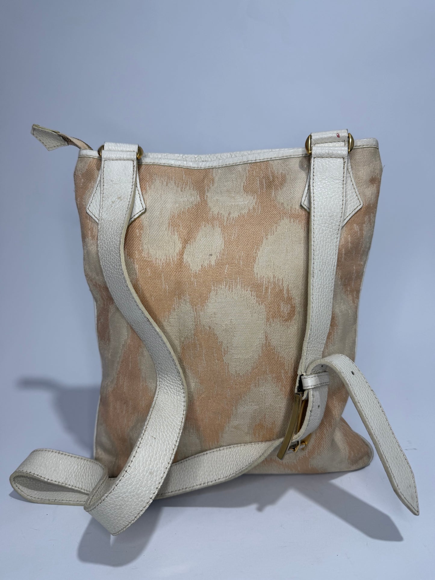 Vivienne Westwood Leopard Jacquard Crossbody Messenger Bag – Beige/Cream Canvas & White Leather