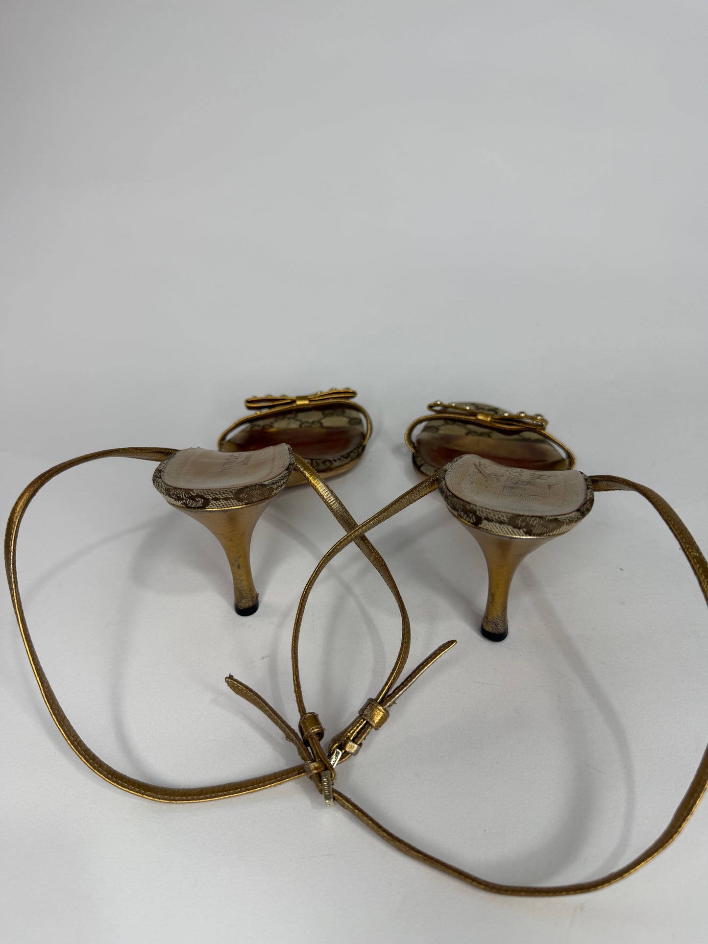 Gucci GG Canvas Gold Bow Ankle Strap Kitten Heel Sandals Women’s Size 36C
