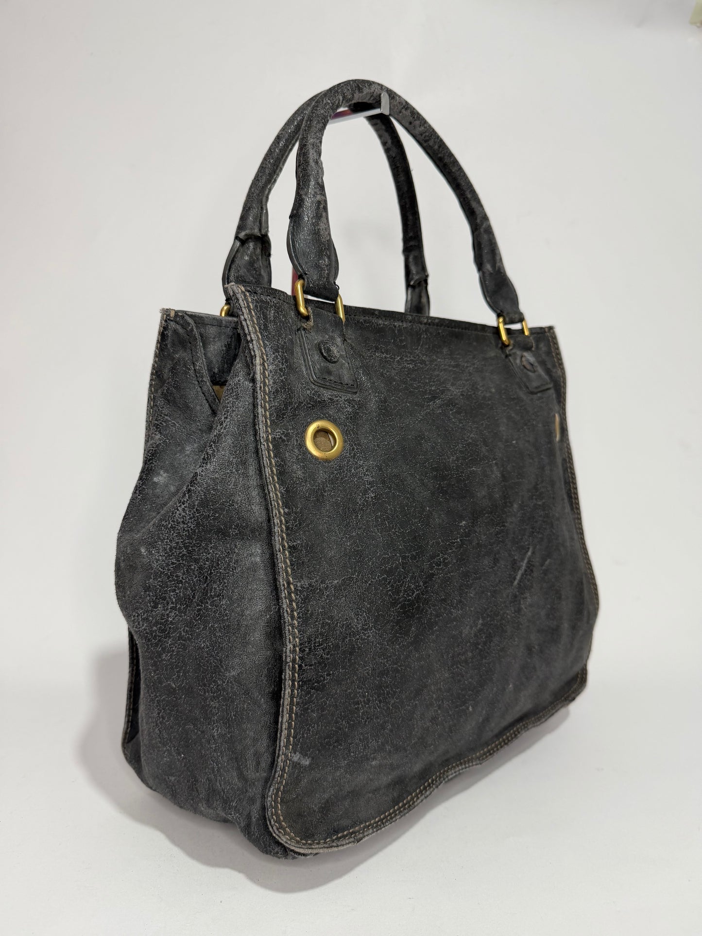 Chloé Vintage Distressed Leather Logo Tote Bag Black Large Shoulder Handbag