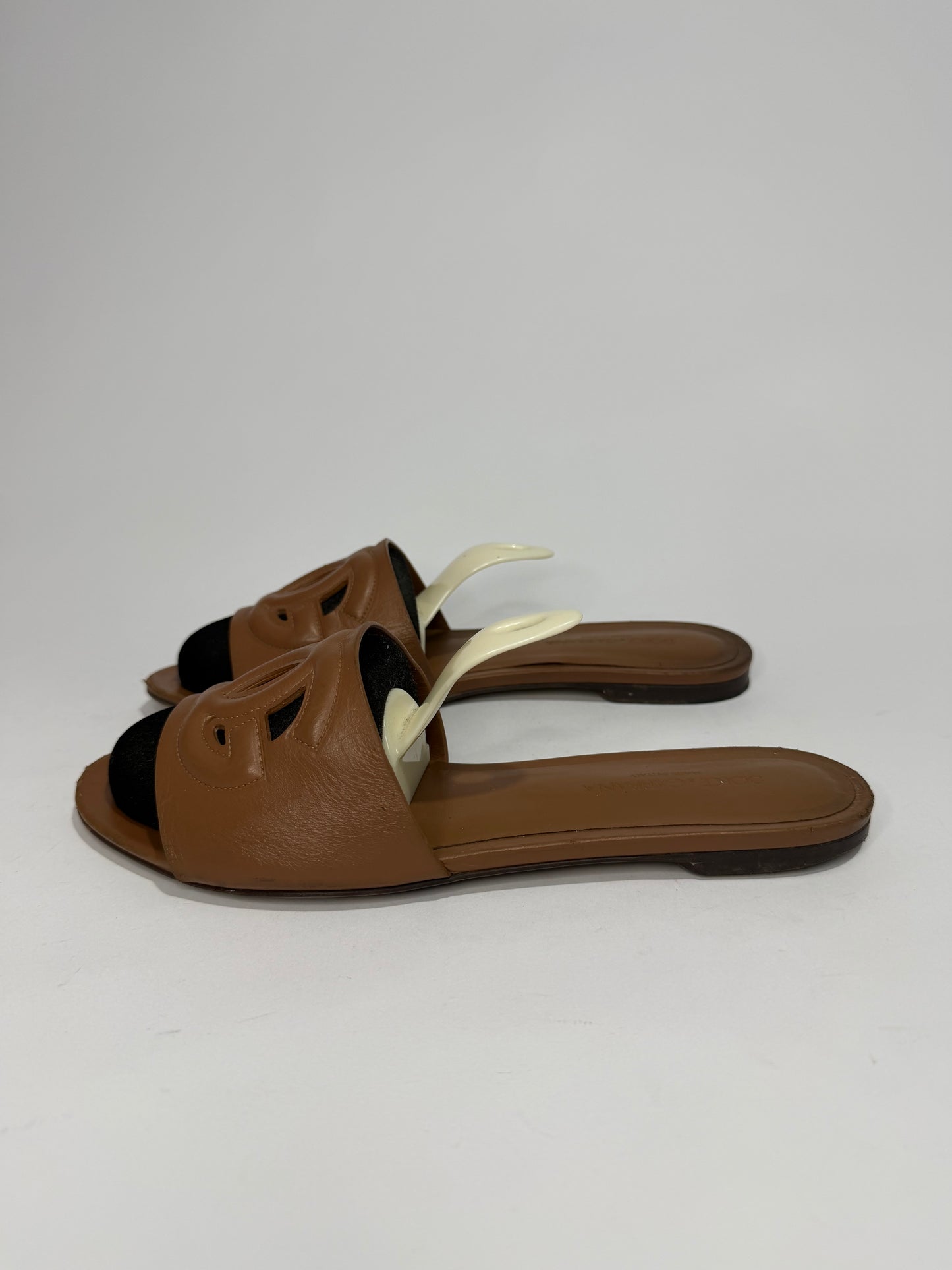Dolce & Gabbana Logo Cutout Leather Slide Sandals Brown EU 38.5/ 8.5 US/ 5.5 US