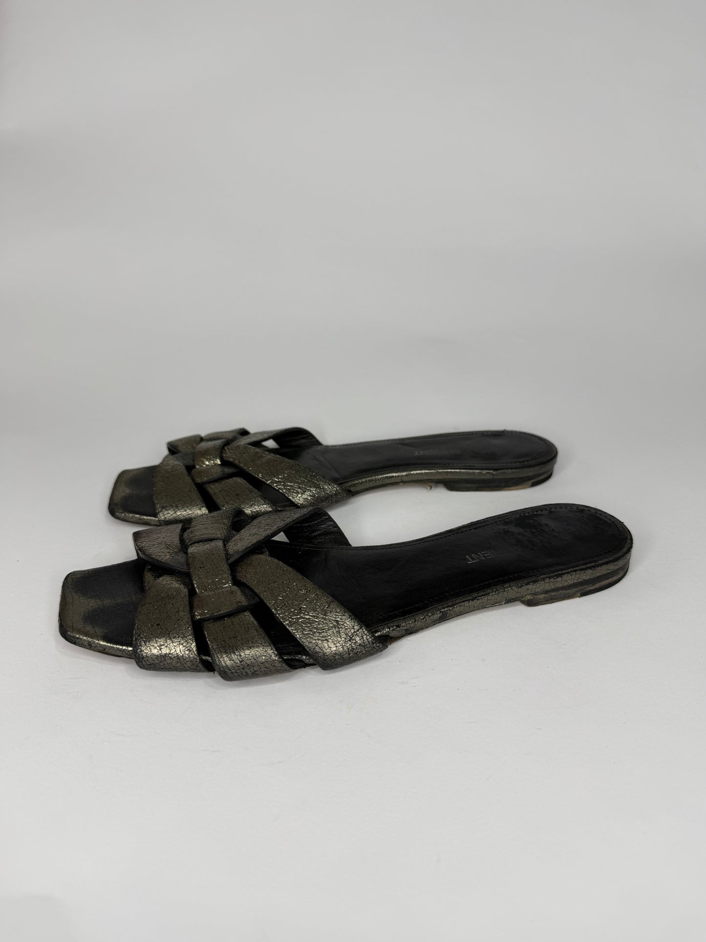 Saint Laurent Paris Silver Leather Tribute Flat Sandals Size 38.5 EU/ 8.5 US / 5.5 UK