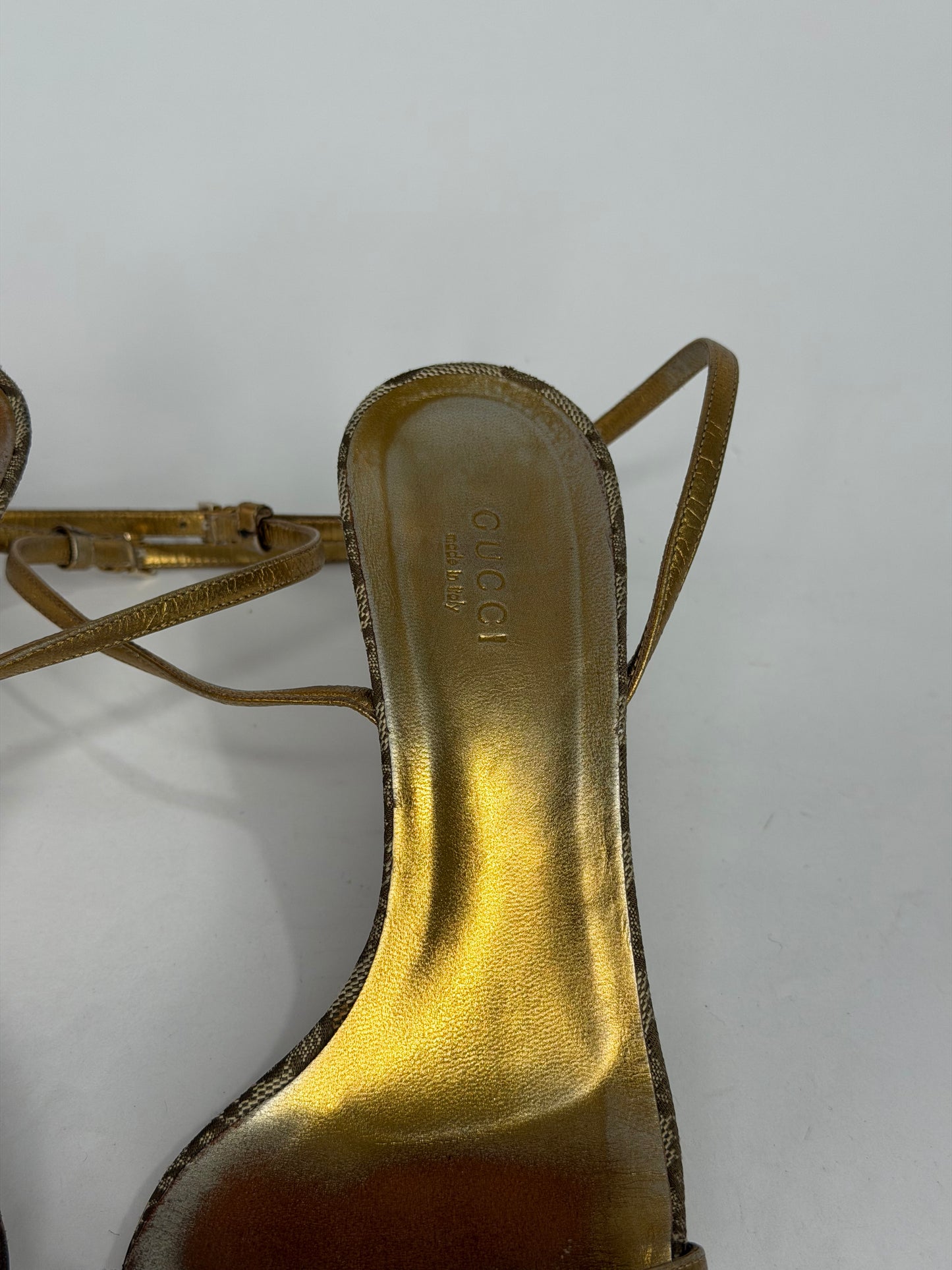 Gucci GG Canvas Gold Bow Ankle Strap Kitten Heel Sandals Women’s Size 36C