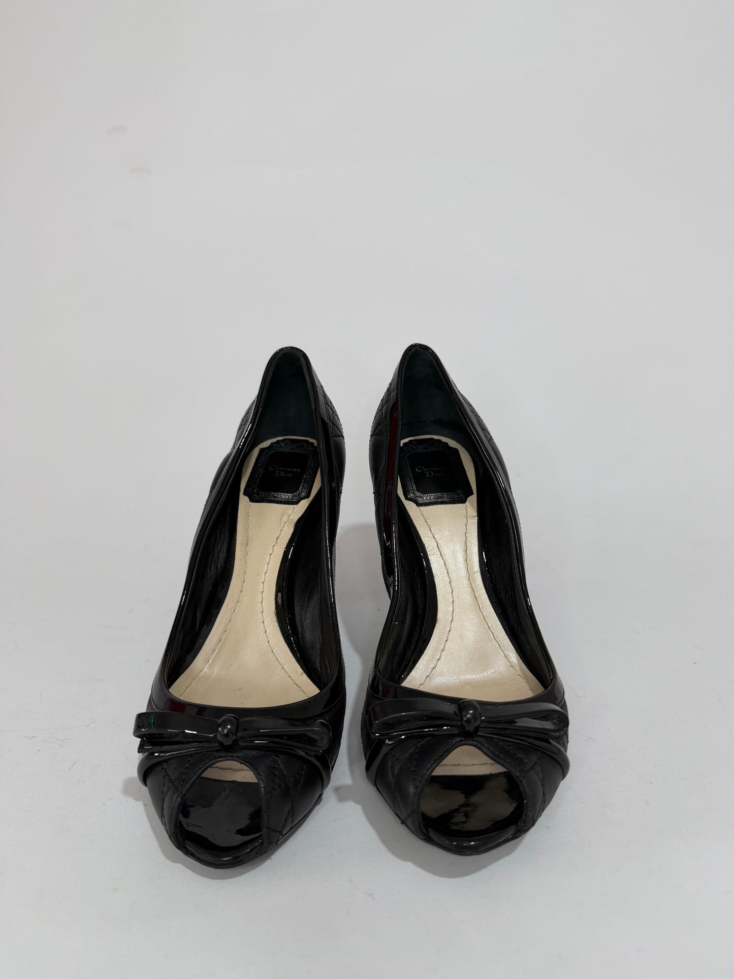 Dior Black Quilted Cannage Leather And Patent Bow Detail Peep Toe Pumps Size 38EU/ 8 US / 5UK