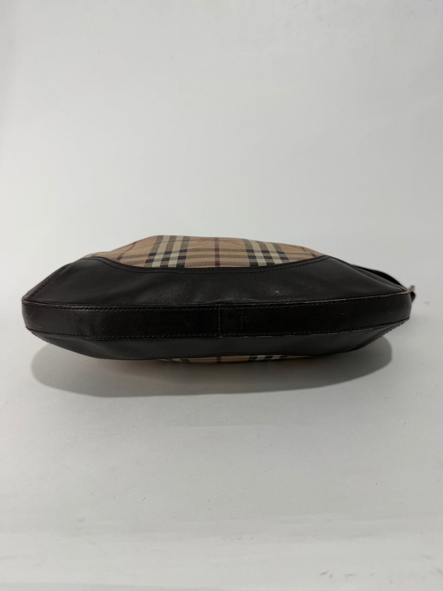 BURBERRY
Chocolate Leather Haymarket Check Coated Canvas Dachett Medium Hobo Bag