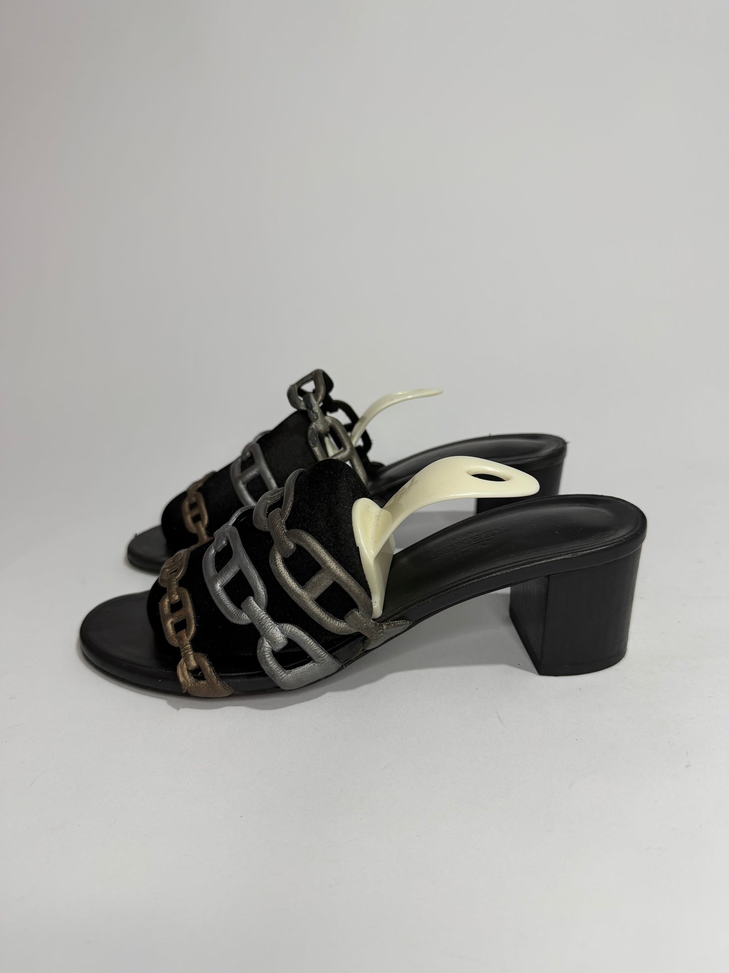 Hermes Silver Leather Tandem Slide Sandals Size 36.5 EU