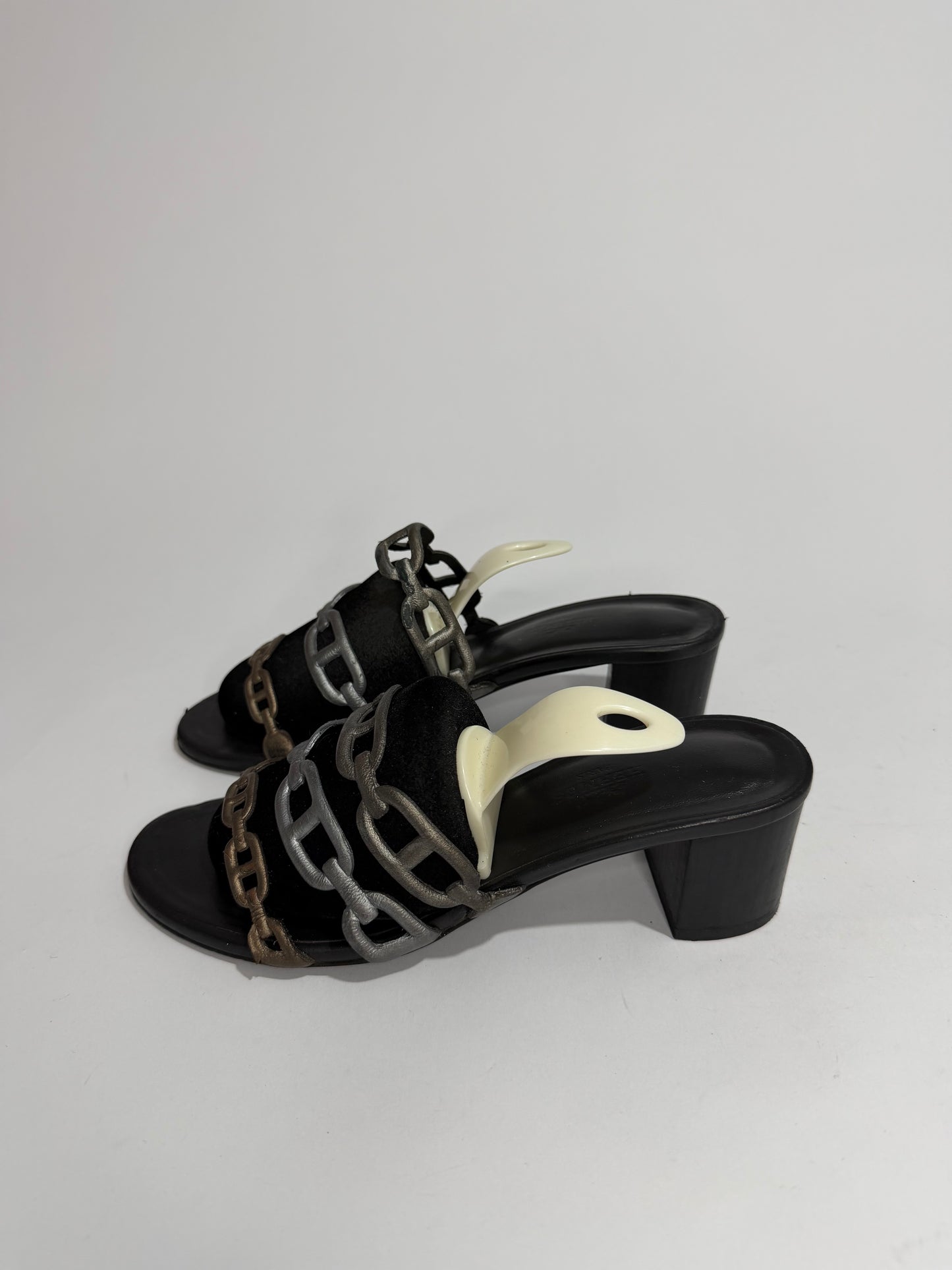 Hermes Silver Leather Tandem Slide Sandals Size 36.5 EU