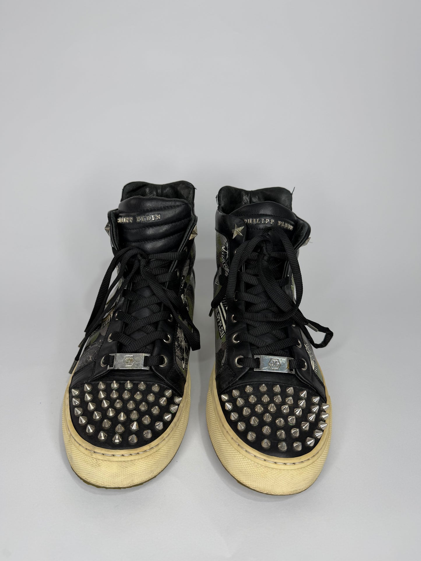 Philipp Plein Studded High-Top Sneakers Black Camo Leather Military Print Men’s EU 42
