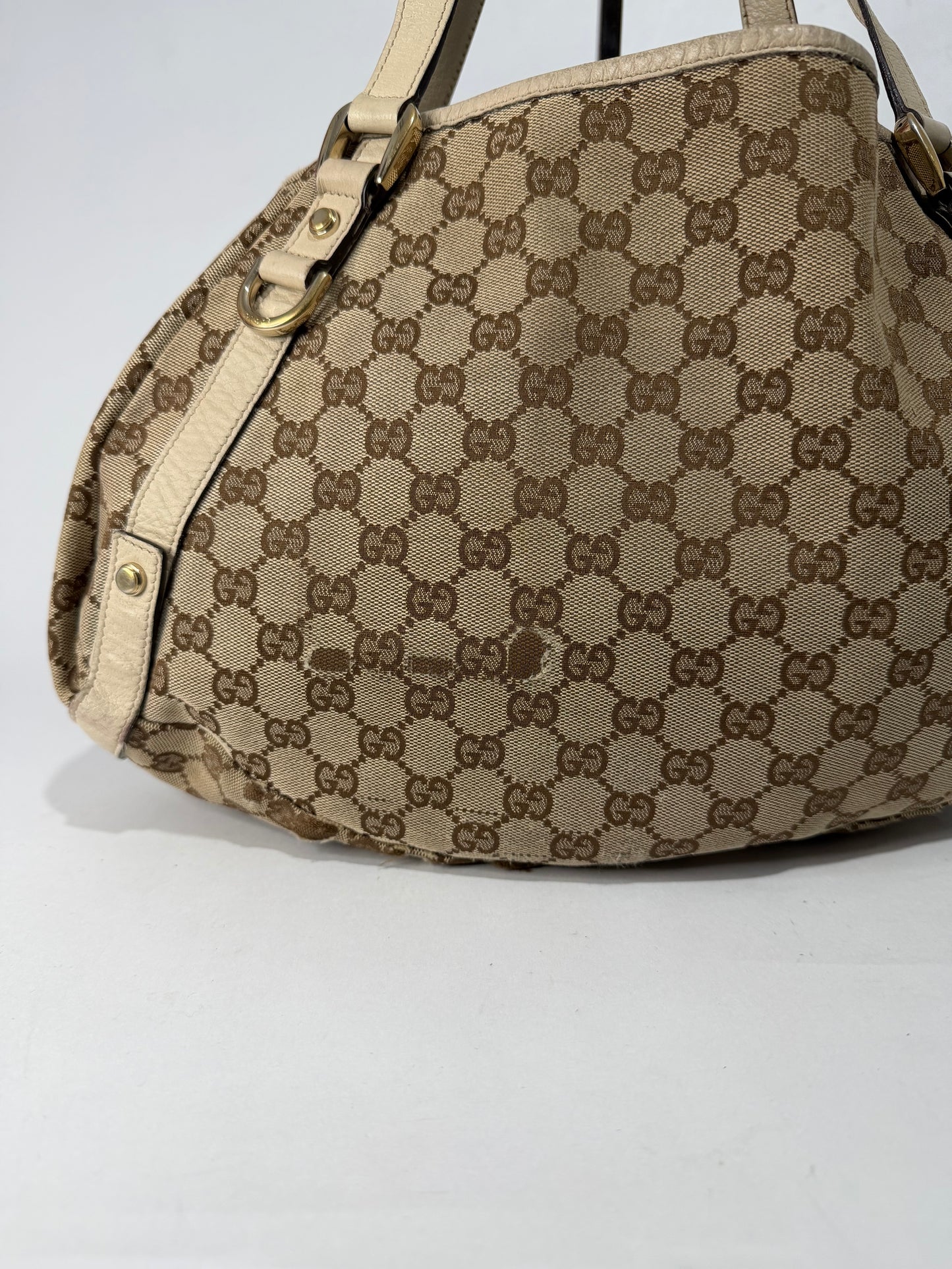 Gucci Beige/White Blue GG Canvas and Leather Abbey Tote