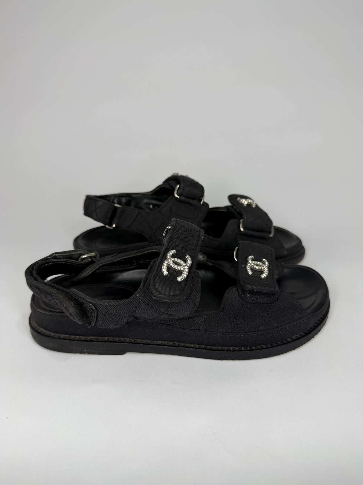 Chanel Black Quilted Fabric Diamond CC Dad Velcro Flat Sandals Size 36 EU/ 6 US/ 3 UK