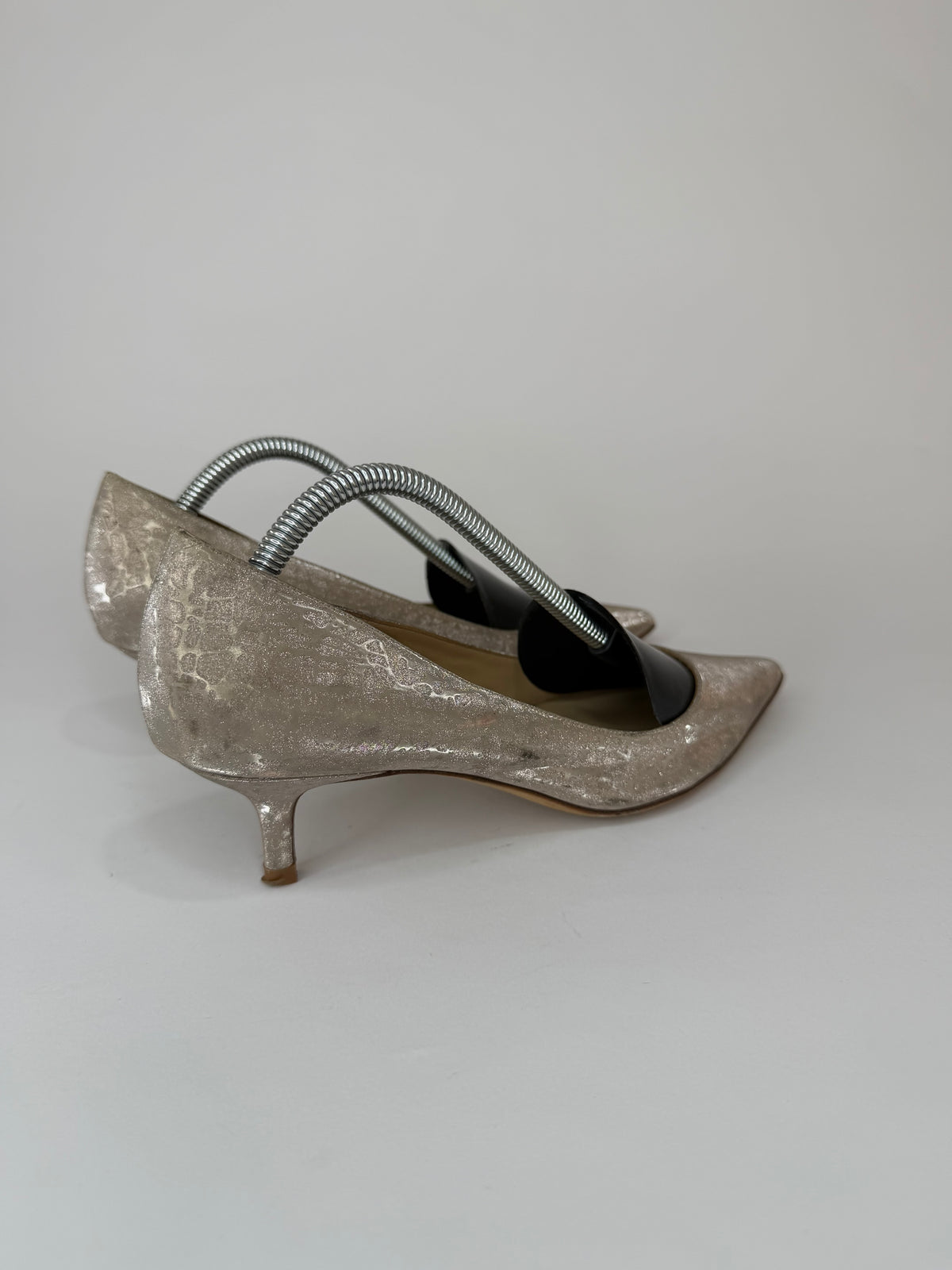 Miu Miu Metallic Silver Beige Pointed Toe Kitten Heel Pumps Size 36 EU/ 6 US/ 3 UK