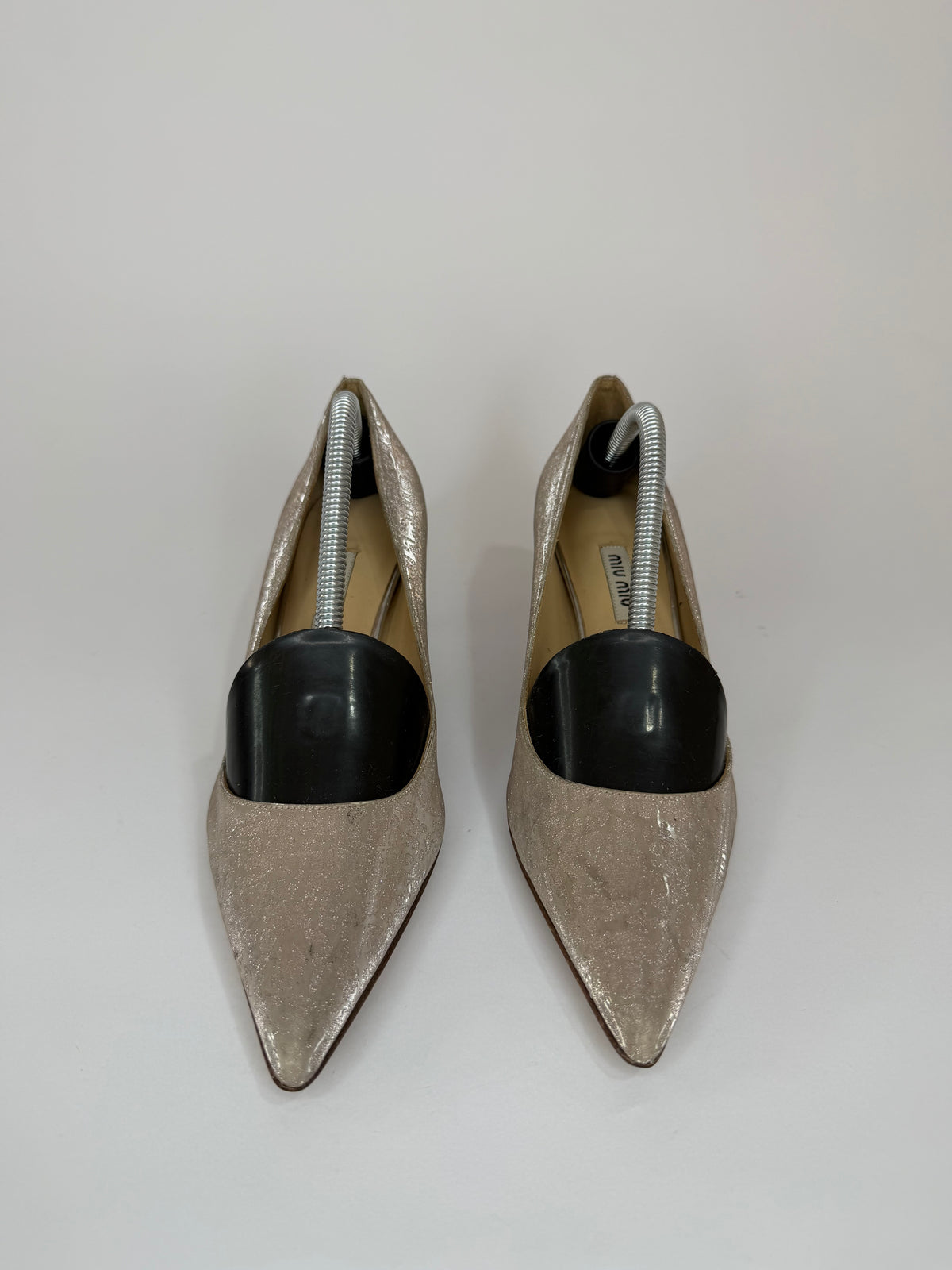 Miu Miu Metallic Silver Beige Pointed Toe Kitten Heel Pumps Size 36 EU/ 6 US/ 3 UK