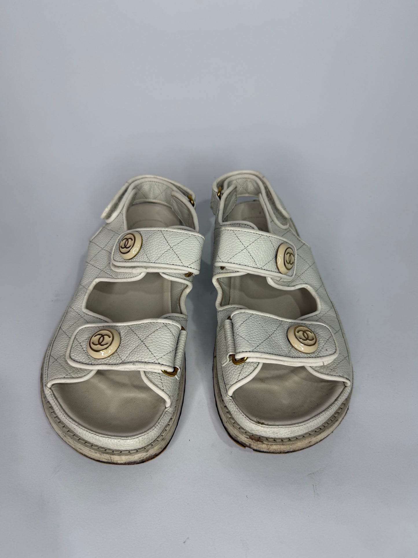 Chanel White Quilted Leather Dad CC Velcro Strap Flat Sandals Size 36