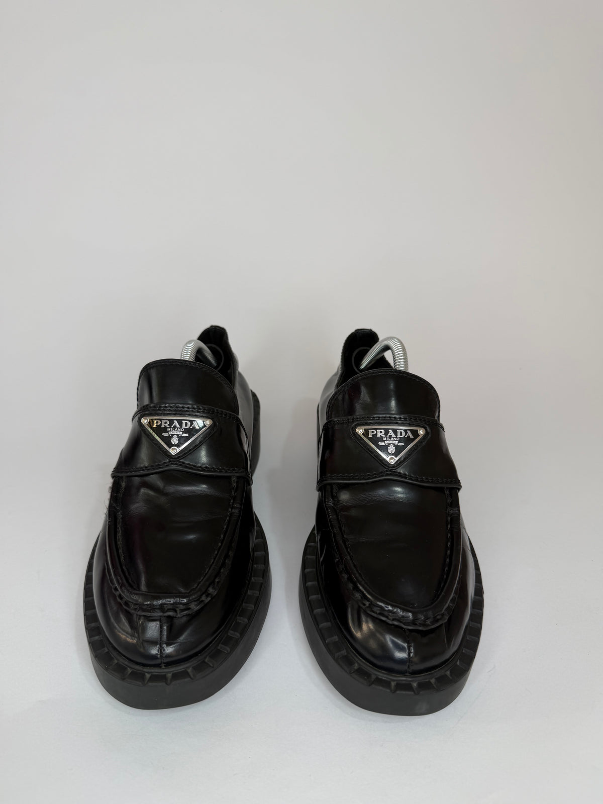 PRADA Vernice Metal Triangle Logo 50mm Loafers Size 37 EU/7 US/ 4 UK