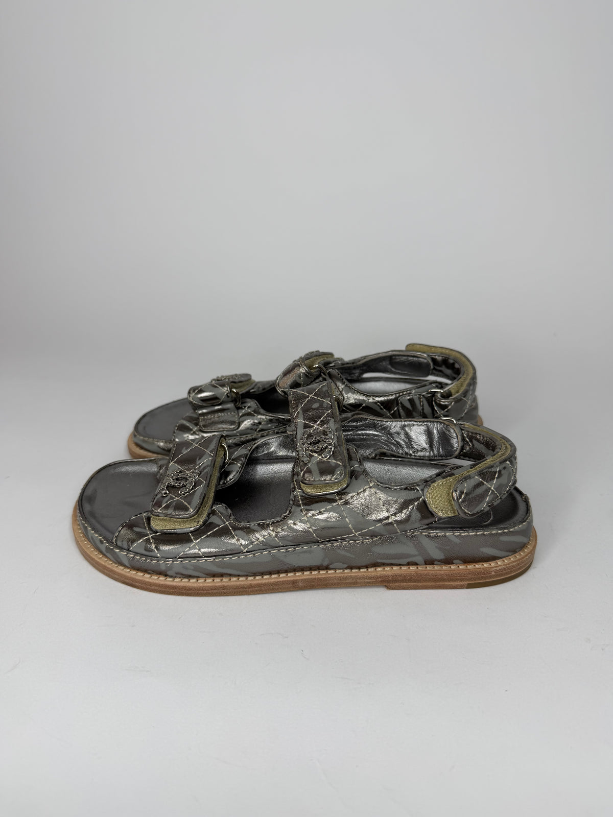 Chanel Metallic Silver Quilted CC Logo Double-Strap Sandals Size 38 EU/ 8 US