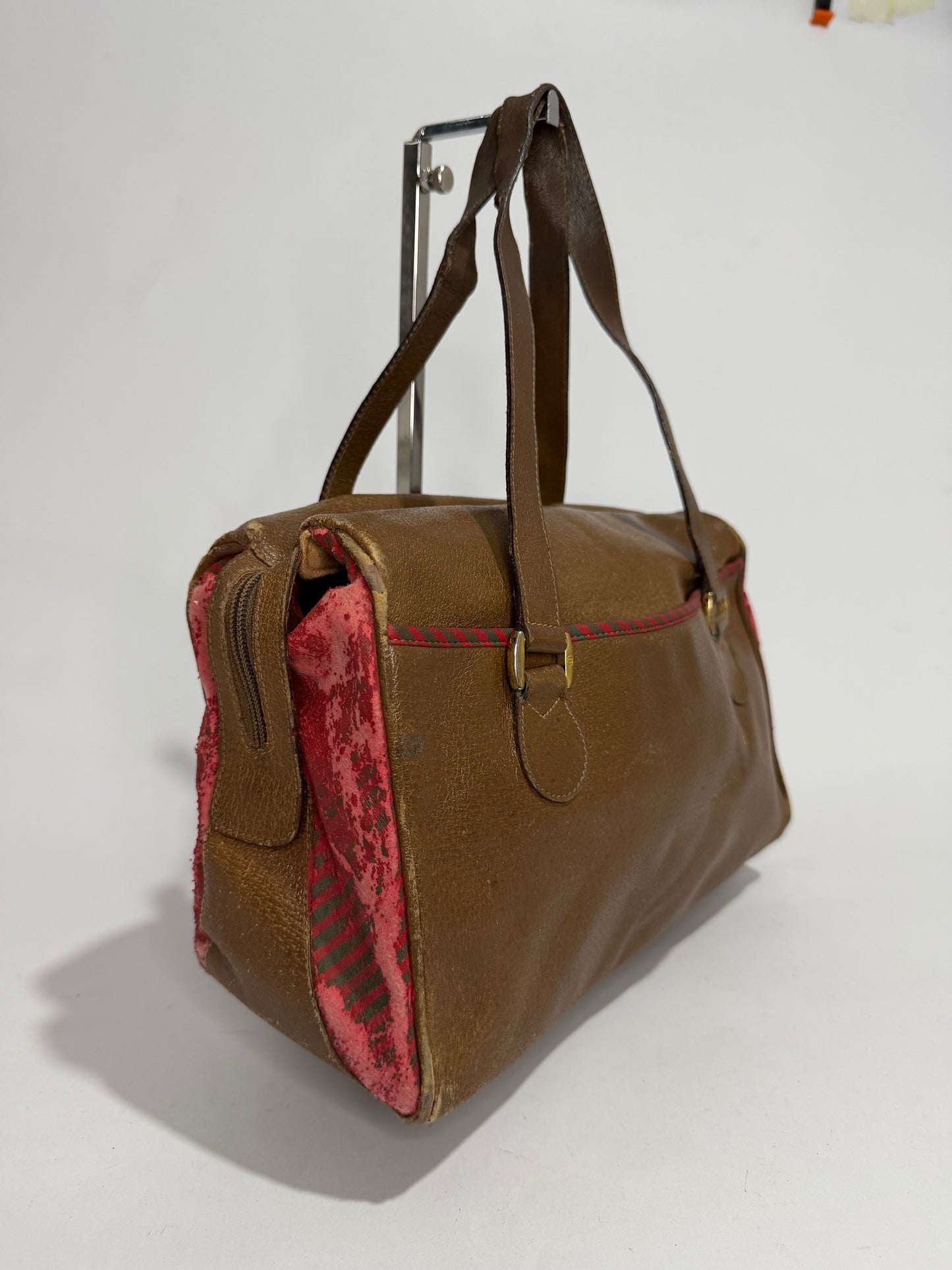 Vintage Gucci Brown Leather & Pink Textile Shoulder Bag