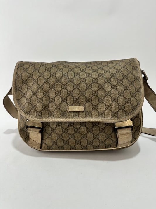 GUCCI 
GG Plus Monogram Medium Double Buckle Flap Messenger Bag Beige Ivory