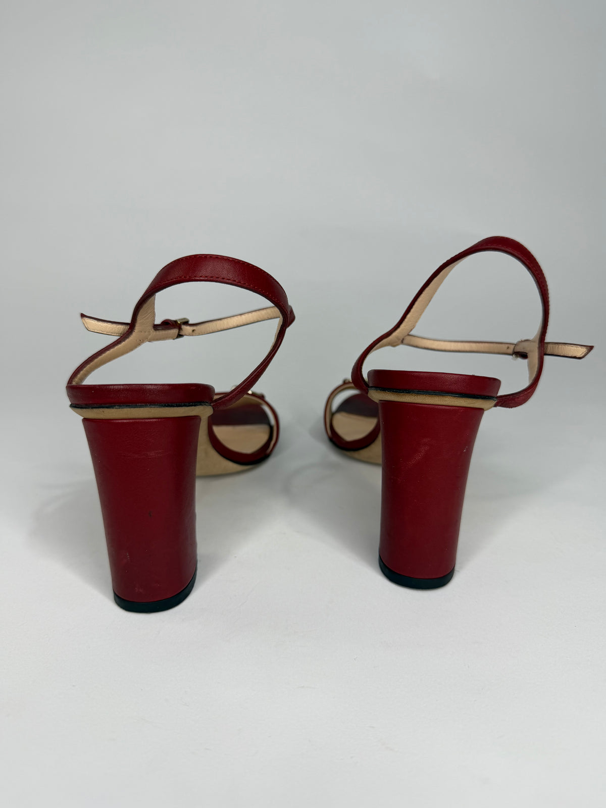 Gucci Red Leather Horsebit Open Toe Block Heel Ankle Strap Sandals Size 36.5 EU