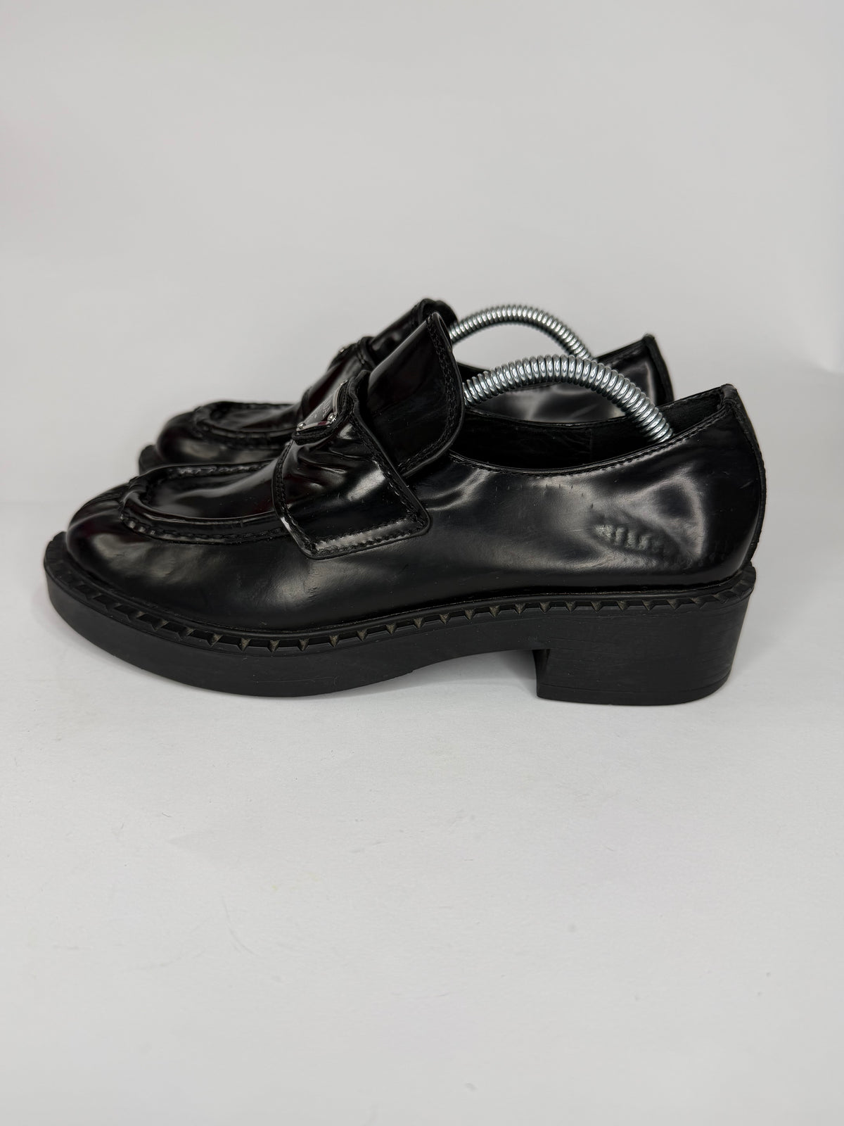 PRADA Vernice Metal Triangle Logo 50mm Loafers Size 37 EU/7 US/ 4 UK