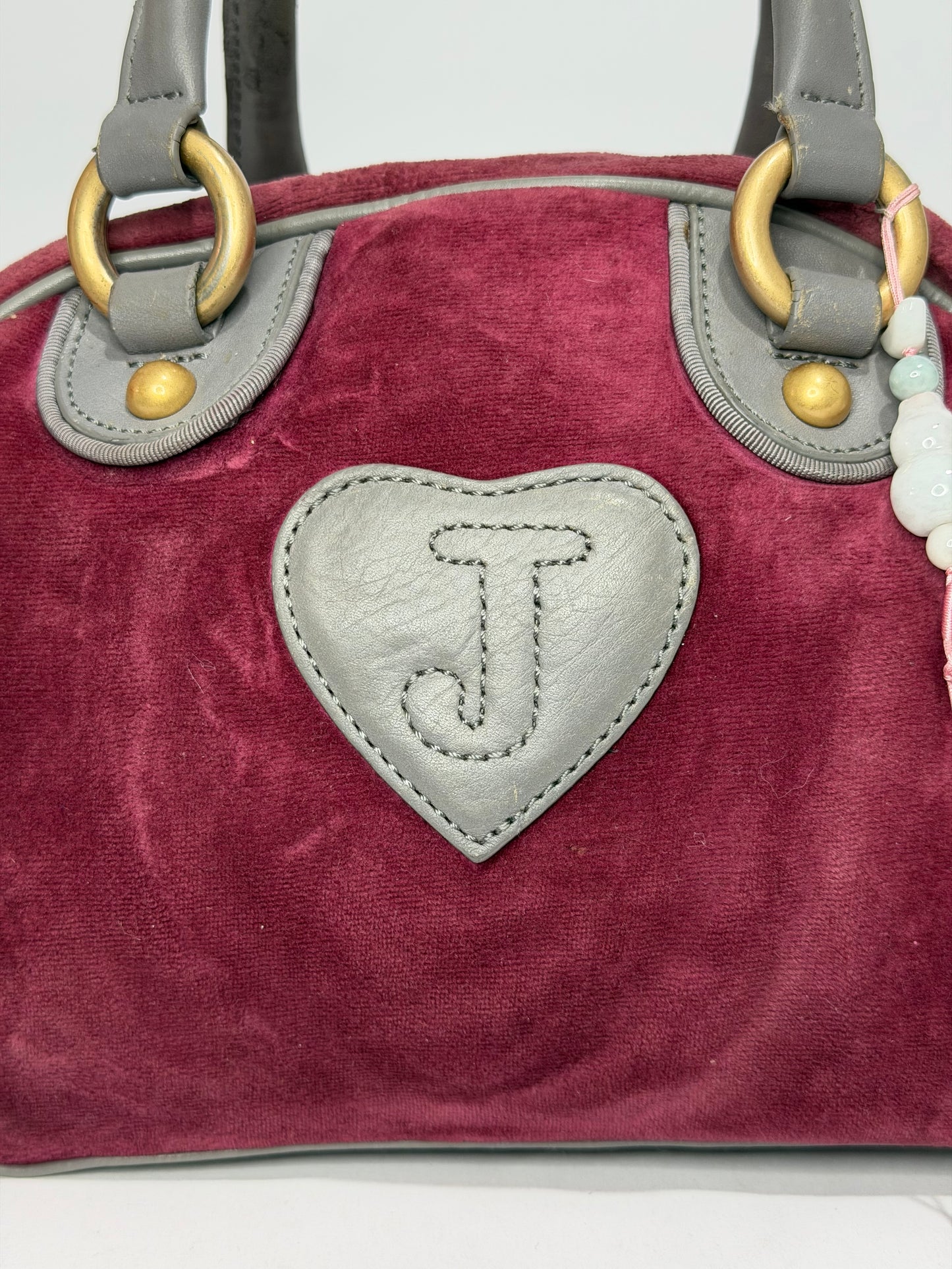 Juicy Couture Burgundy Velour Bowler Satchel Bag with Grey Leather Trim