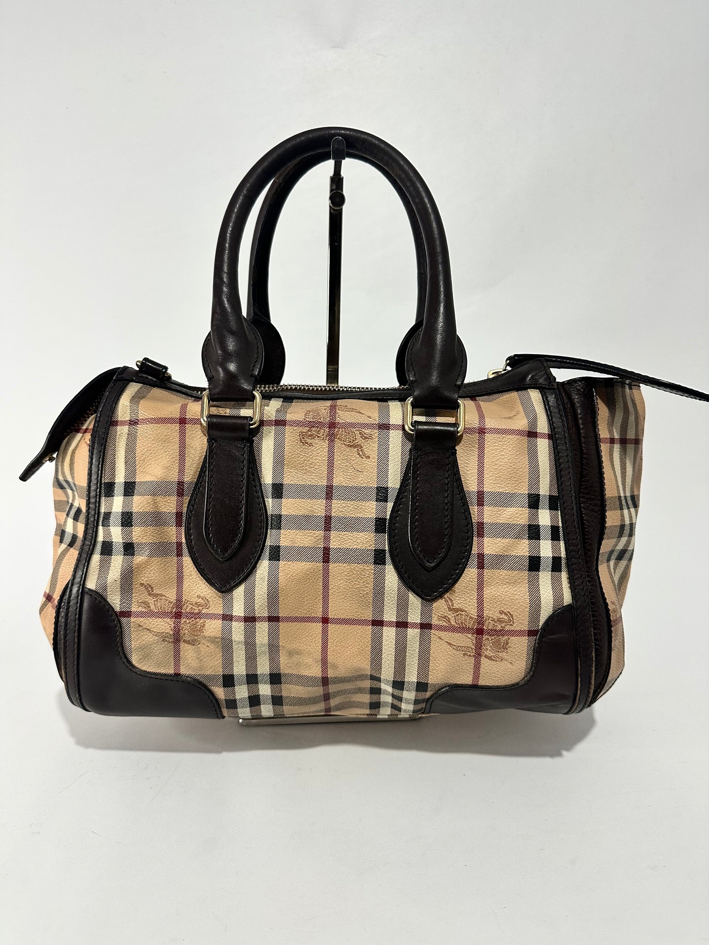 Burberry Beige/Brown Haymarket Check PVC and Leather Gladstone Bowling Bag
