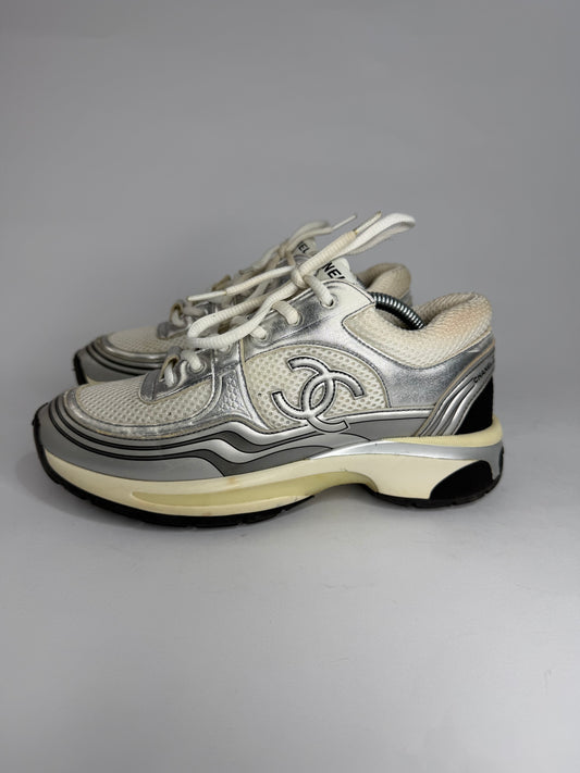 Chanel CC  Silver/White Leather and Mesh Low Top Sneakers