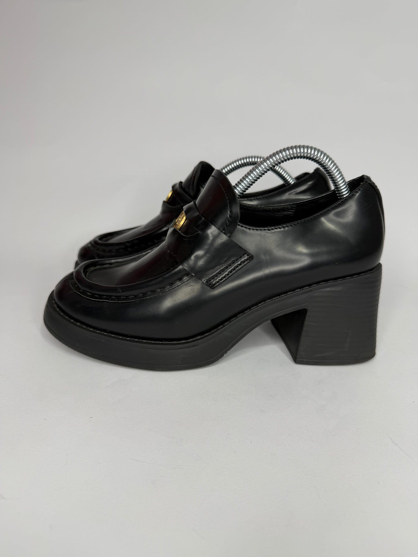Miu Miu Black Leather Gold Penny Heel Loafers Size 36 EU/ 6 US / 3 UK