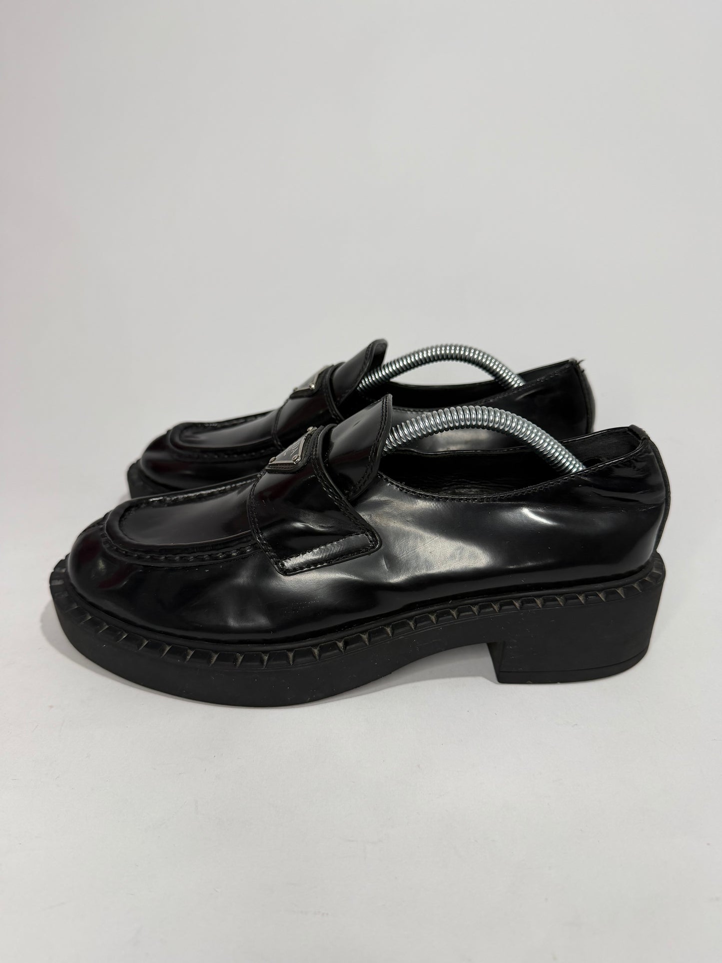 PRADA Vernice Metal Triangle Logo 50mm Loafers Size 37 EU/7 US/ 4 UK