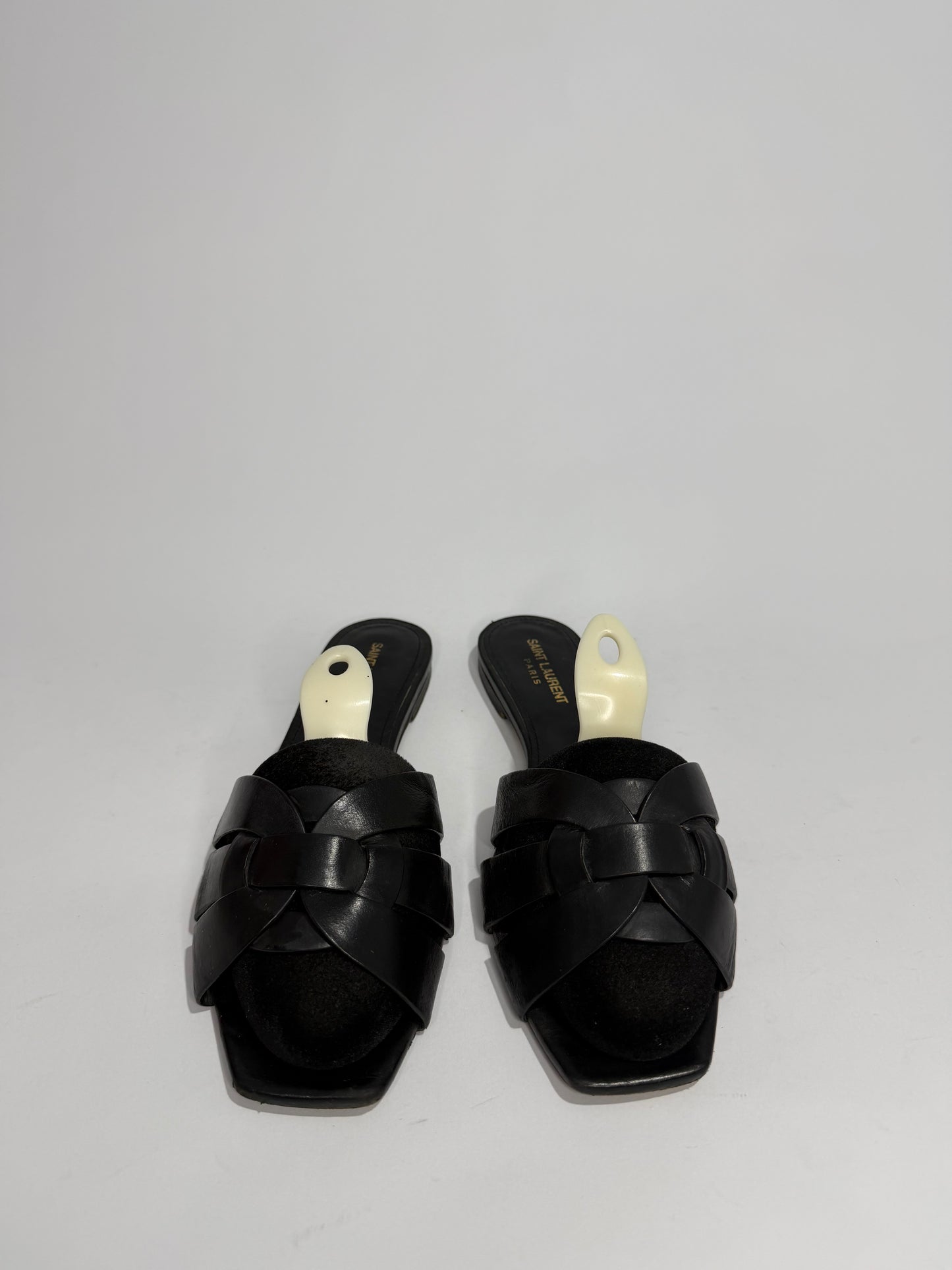Saint Laurent Paris Black Patent Leather Tribute Flat Sandals Size