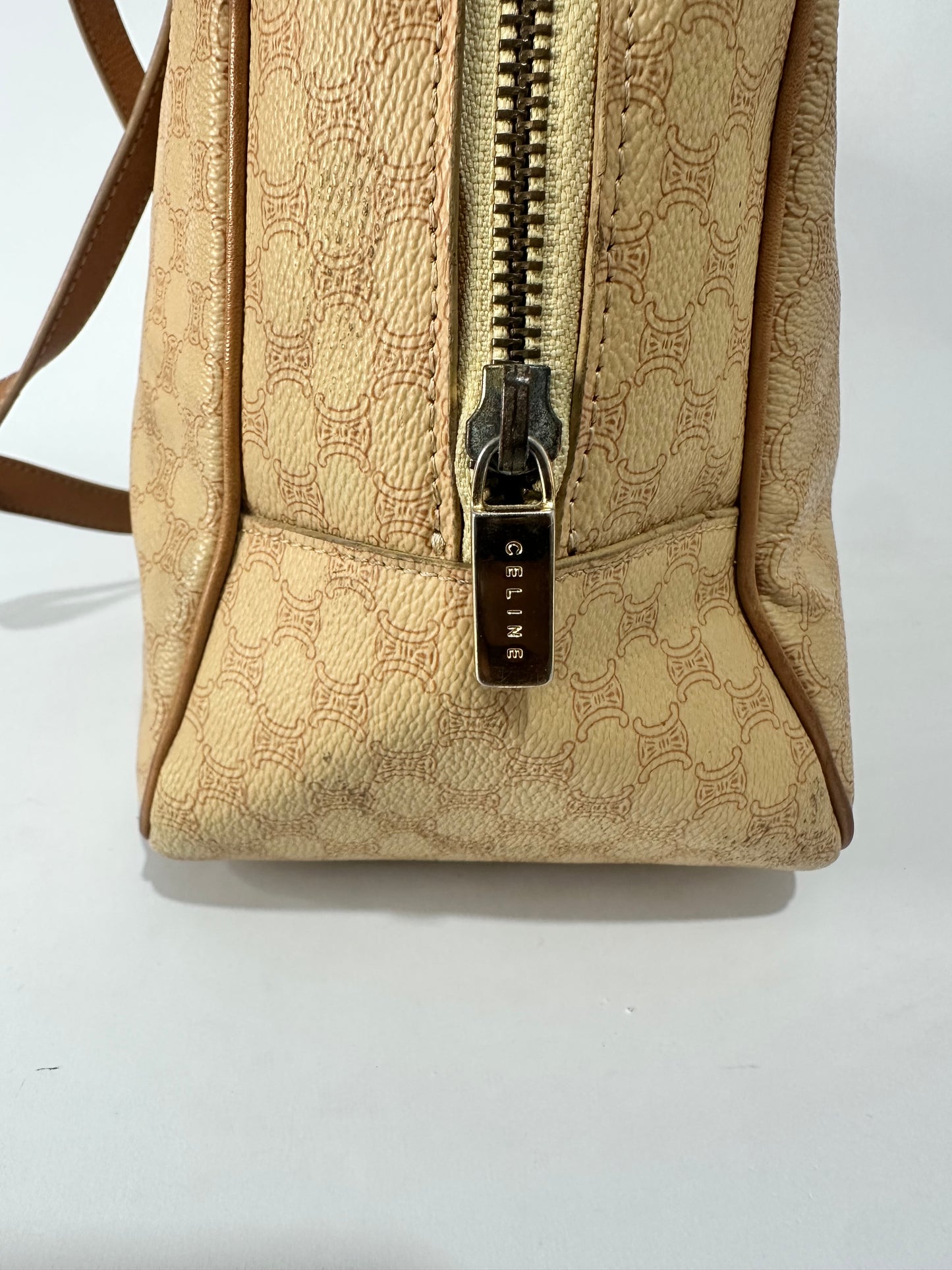 Vintage Celine Macadam Coated Canvas Boston Shoulder Bag – Tan/Brown – Made in Italy