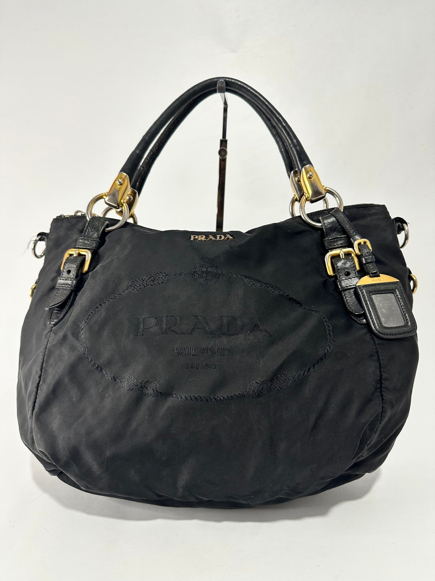 Prada Black Nylon and Leather Zip Shoulder Bag