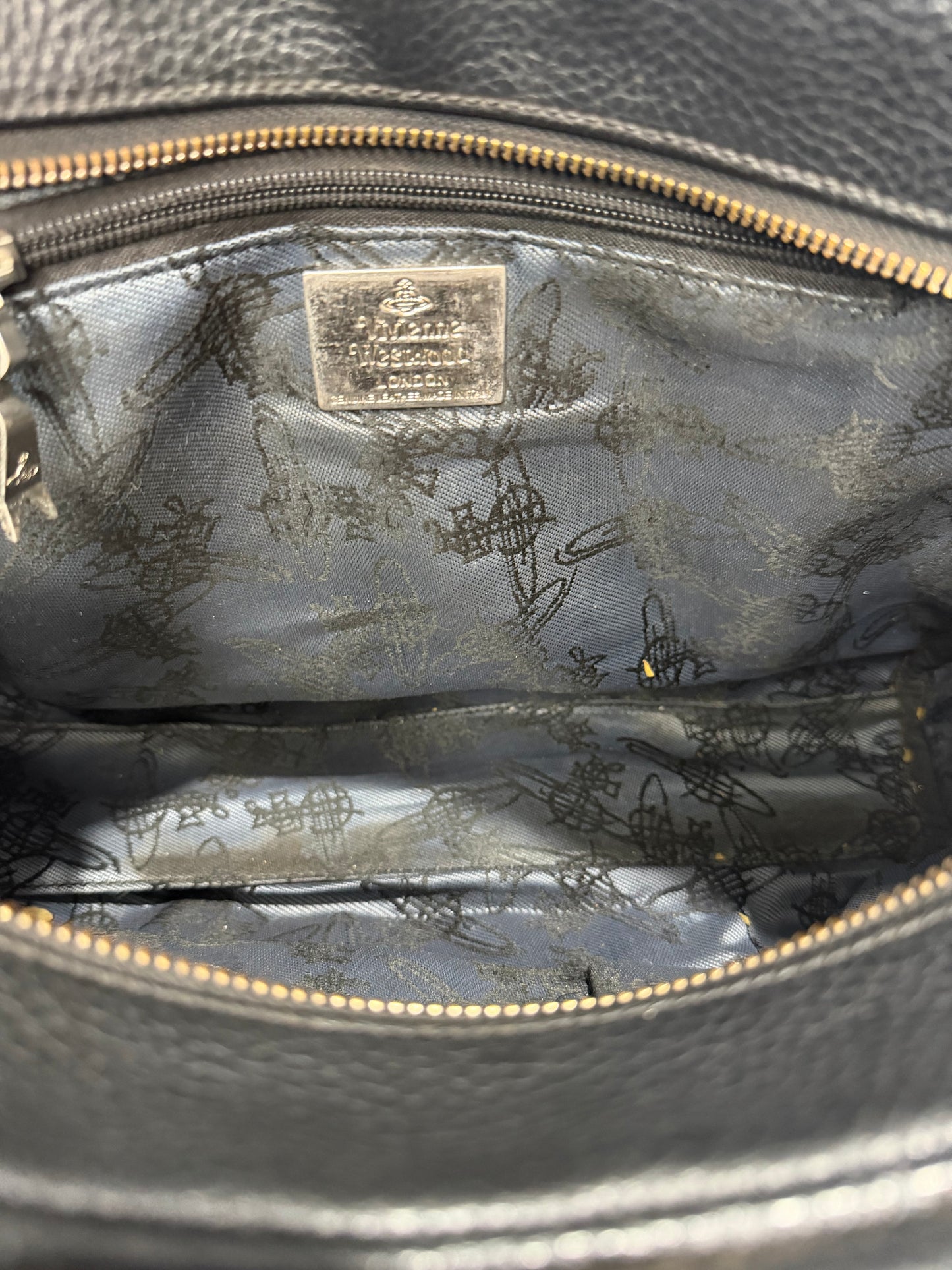 Vivienne Westwood Black Pebbled Leather Orb Logo Handbag with Shoulder Strap