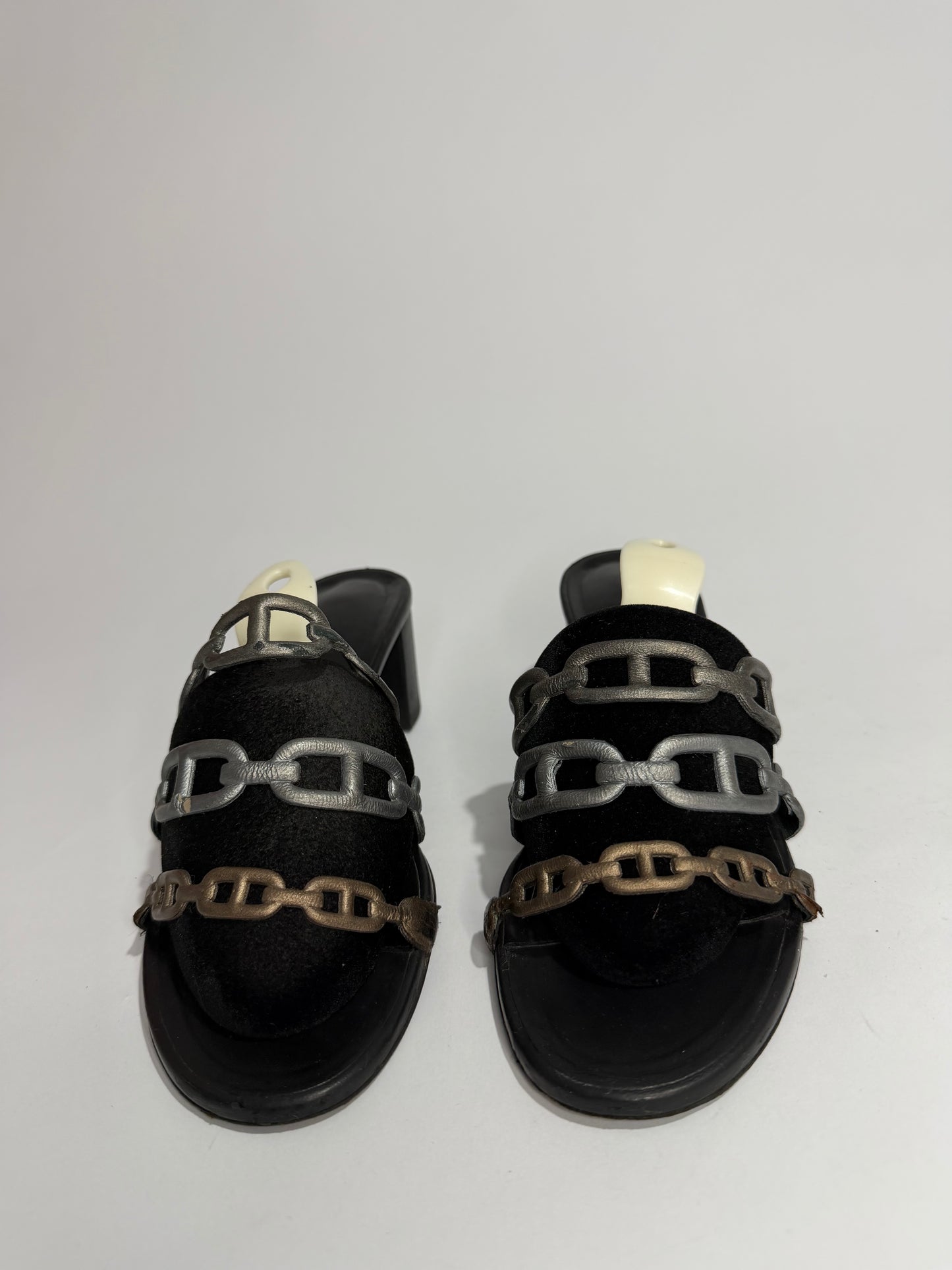 Hermes Silver Leather Tandem Slide Sandals Size 36.5 EU