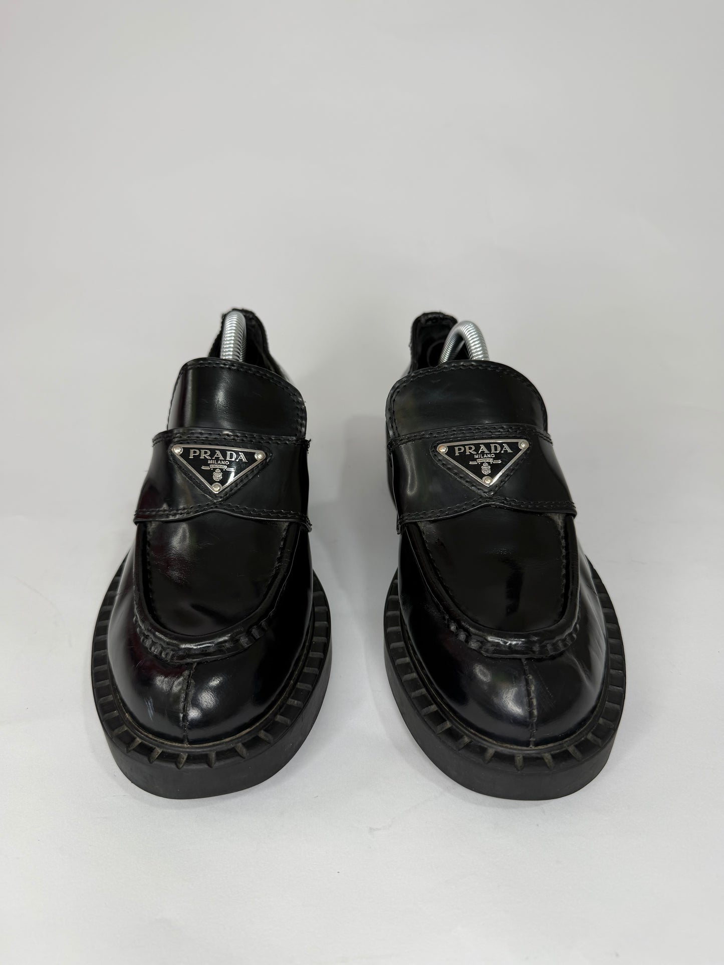 PRADA Vernice Metal Triangle Logo 50mm Loafers Size 36 EU/6 US/ 3UK