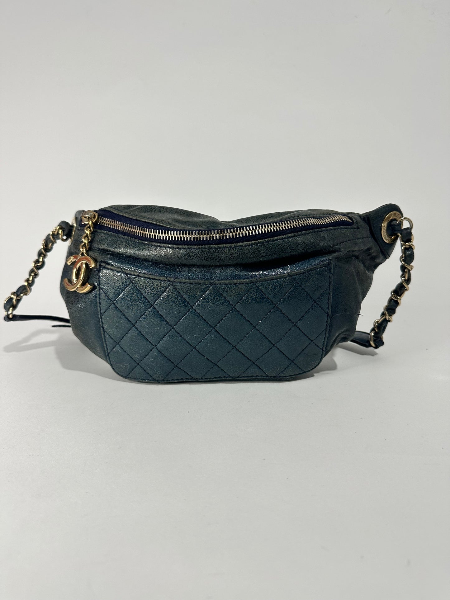 CHANEL
Blue Quilted Caviar Leather Waist Belt Bag