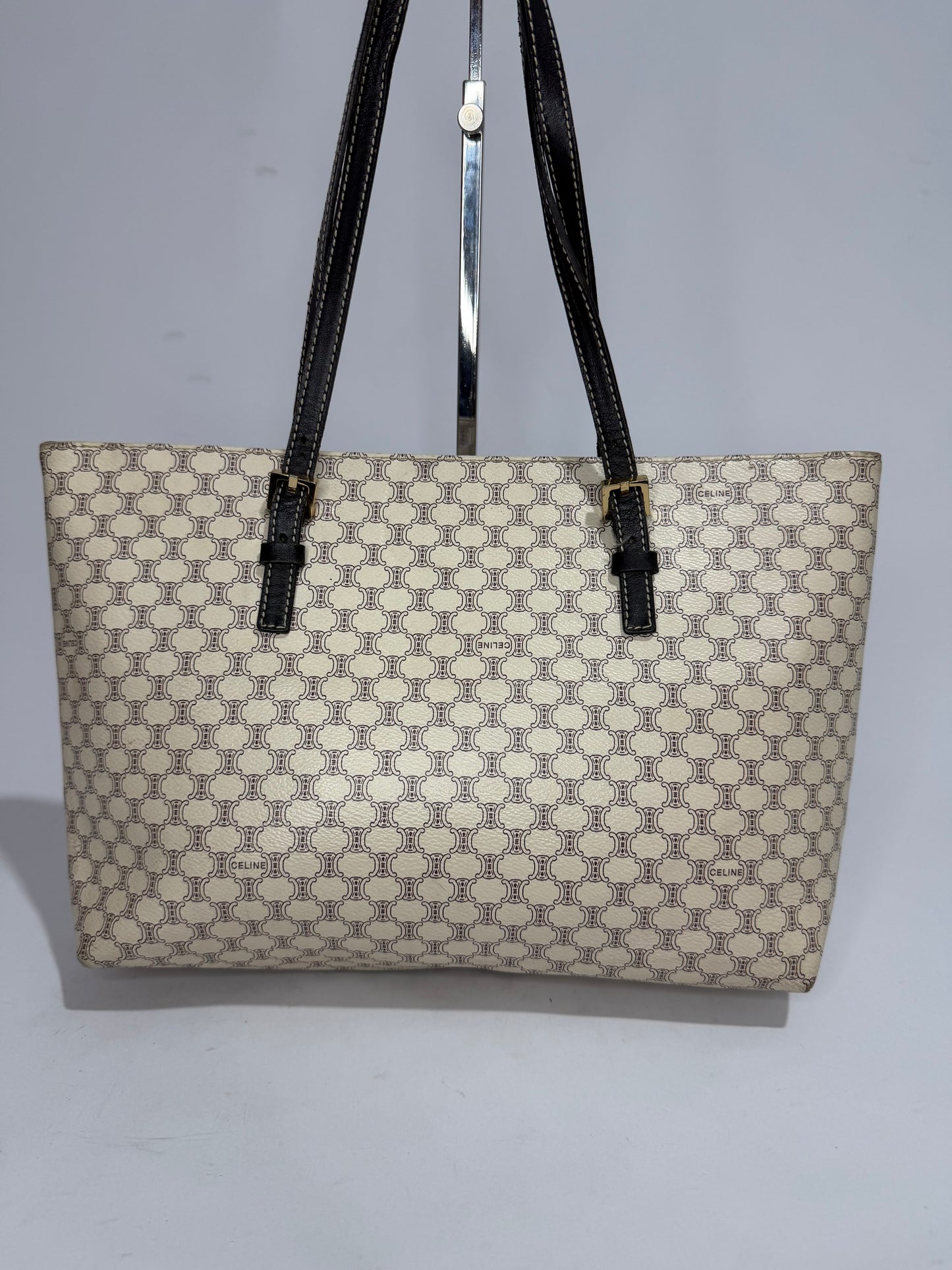 CELINE Macadam Monogram Coated Canvas Tote Bag Cream/Black