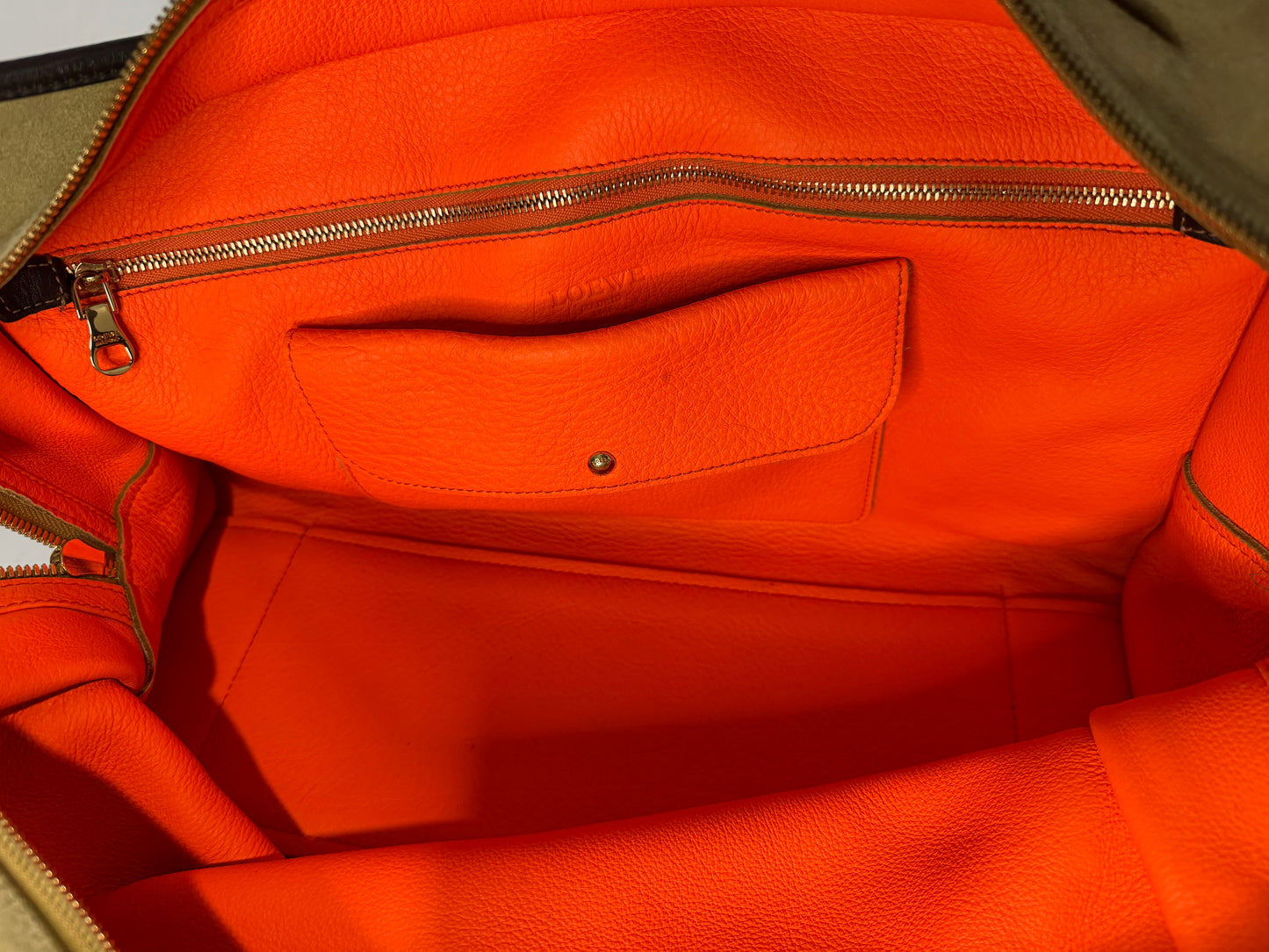 Loewe Amazona Suede & Leather Handbag Neon Orange Handles Beige Satchel Bag